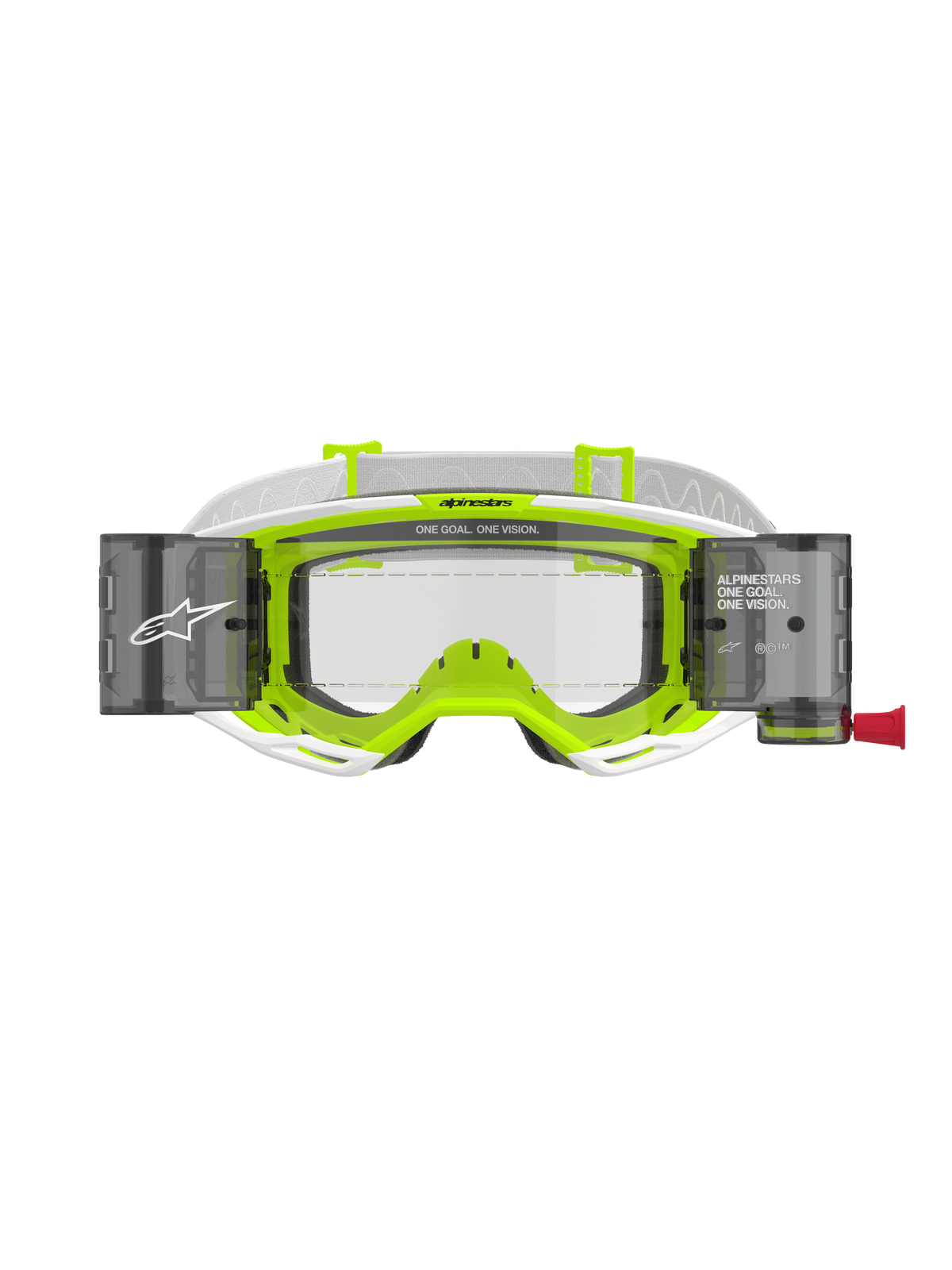 Alpinestars Vision 8 Wordmark Goggles Roll Off, White and Fluorescent Yellow frame, clear lens with integrated roll-off system canisters, white woven strap, featuring 'ONE GOAL. ONE VISION.' branding, professional motocross eye protection