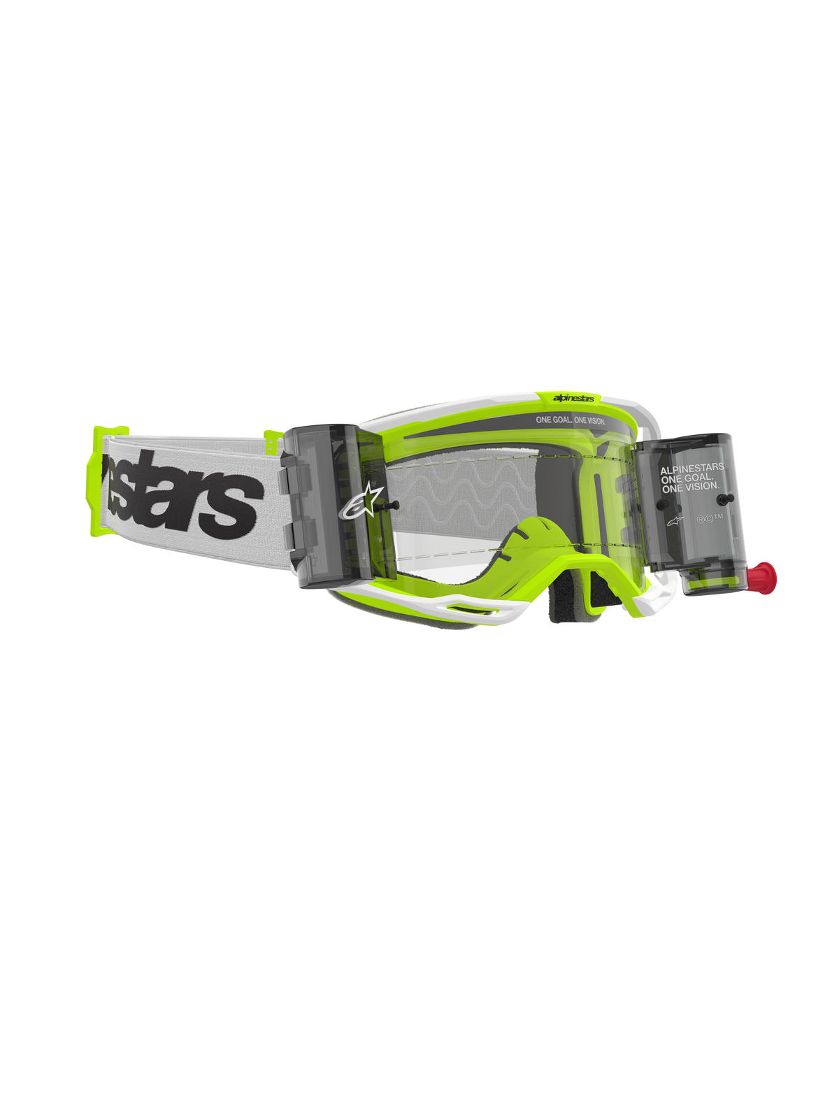 Alpinestars Vision 8 Wordmark Goggles Roll Off, Motocross Goggles, White and Fluorescent Yellow frame, Clear Lens with integrated roll-off canisters, white woven strap with bold black branding, high-performance off-road eyewear.