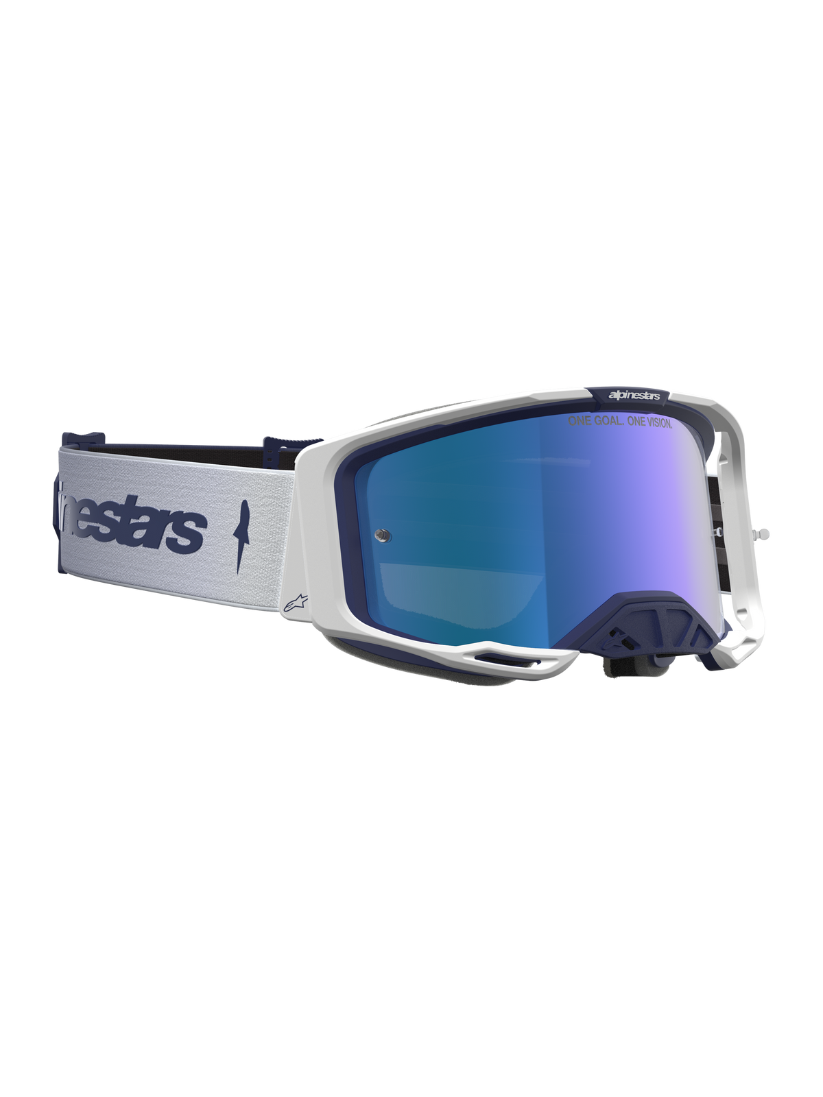Alpinestars Vision 8 Amber Mirror Goggles in navy and white feature a blue mirrored lens and RAM-AIR ventilation for motocross.