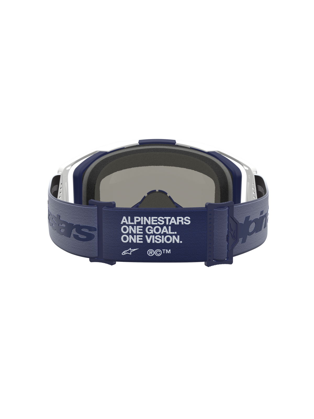 Alpinestars Vision 8 Amber Mirror Goggles for motocross, rear view showing wide navy blue strap with brand manifesto, white frame, and 3D face foam.