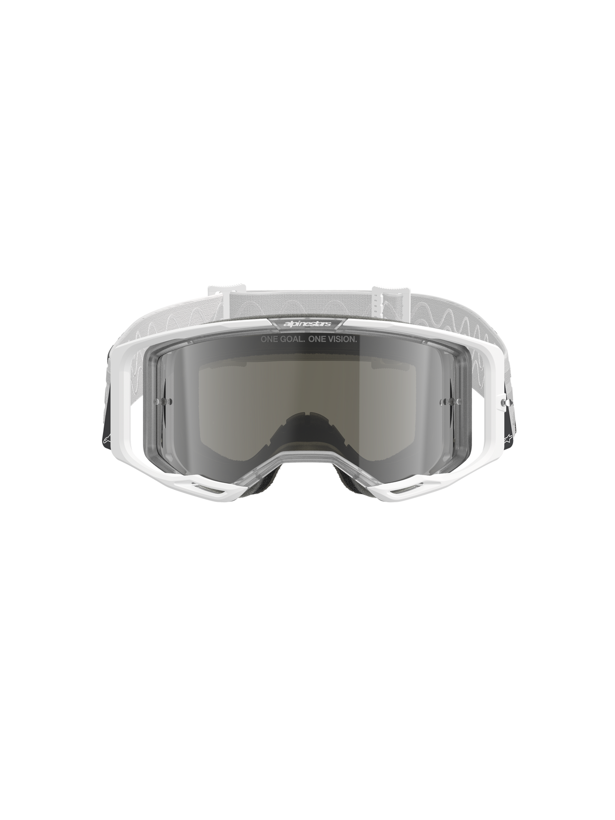 Alpinestars Vision 8 Corp Goggles, Motocross Goggles, White with Mirror Silver Lens, front view showing the wide-angle polycarbonate lens, RAM-AIR ventilation system, and white woven strap with branding.