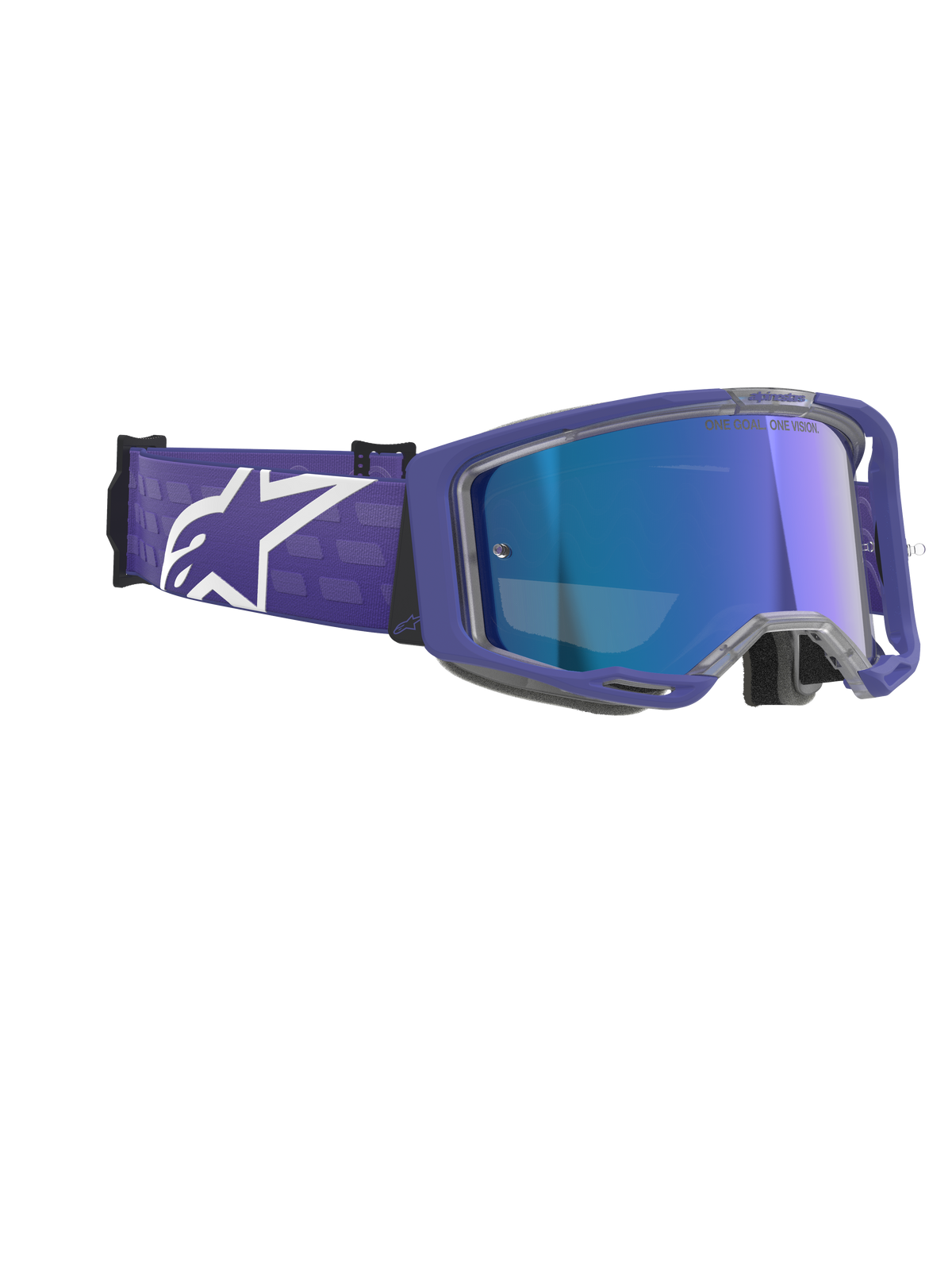 Alpinestars Vision 8 Corp Goggles, Motocross Goggles, Purple Mirror Blue, featuring a purple frame with a mirrored blue anti-fog lens, wide purple strap with bold white Alpinestars logo, high-performance eye protection for off-road racing