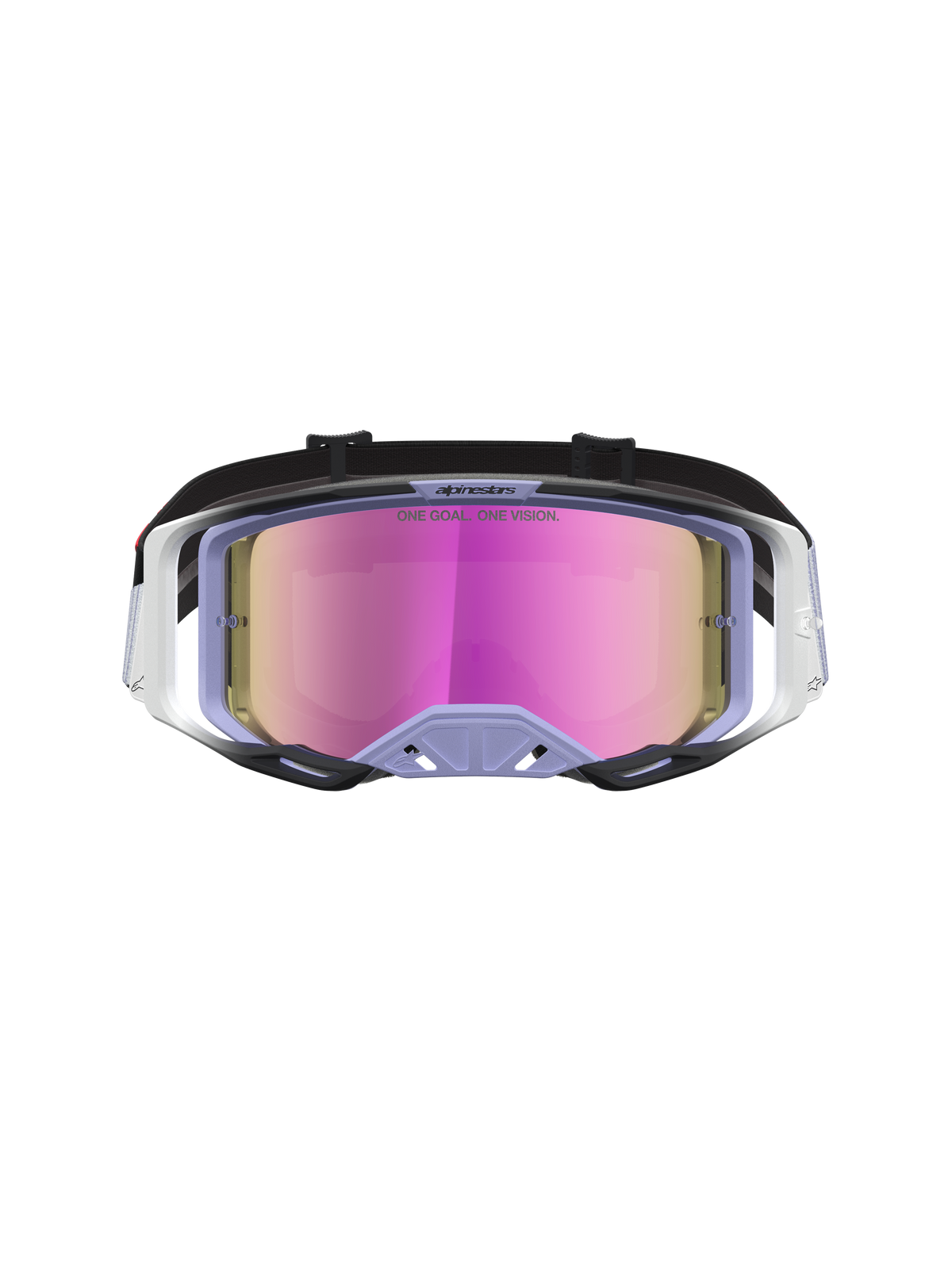 Alpinestars Vision 8 Maven Motocross Goggles in Lavender and Black, featuring a Mirror Pink anti-fog lens, A-FLEX frame, and RAM-AIR ventilation for off-road racing.