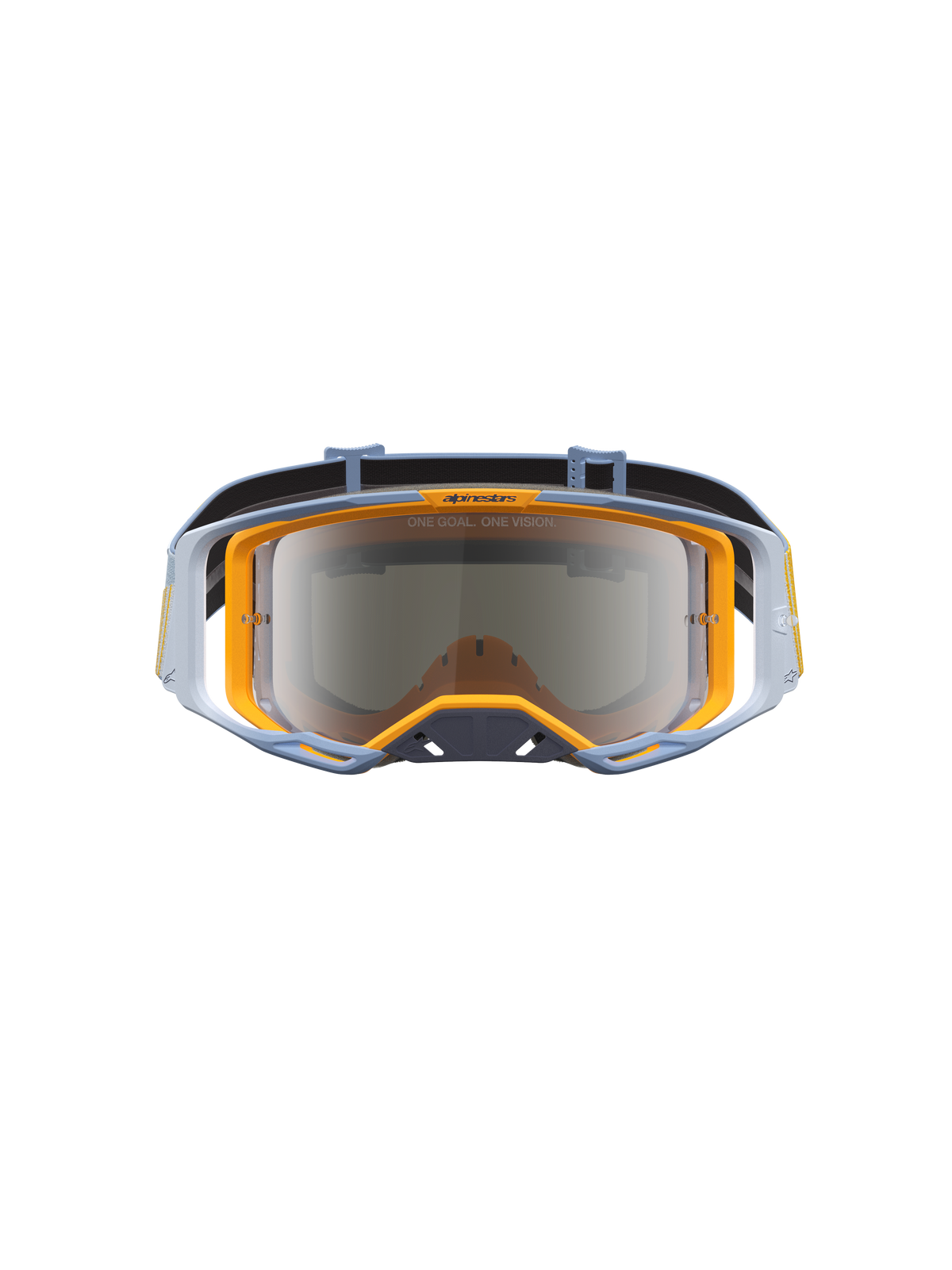 Alpinestars Vision 8 Maven Motocross Goggles in Dust Blue and Orange, featuring a silver mirror lens for off-road racing.