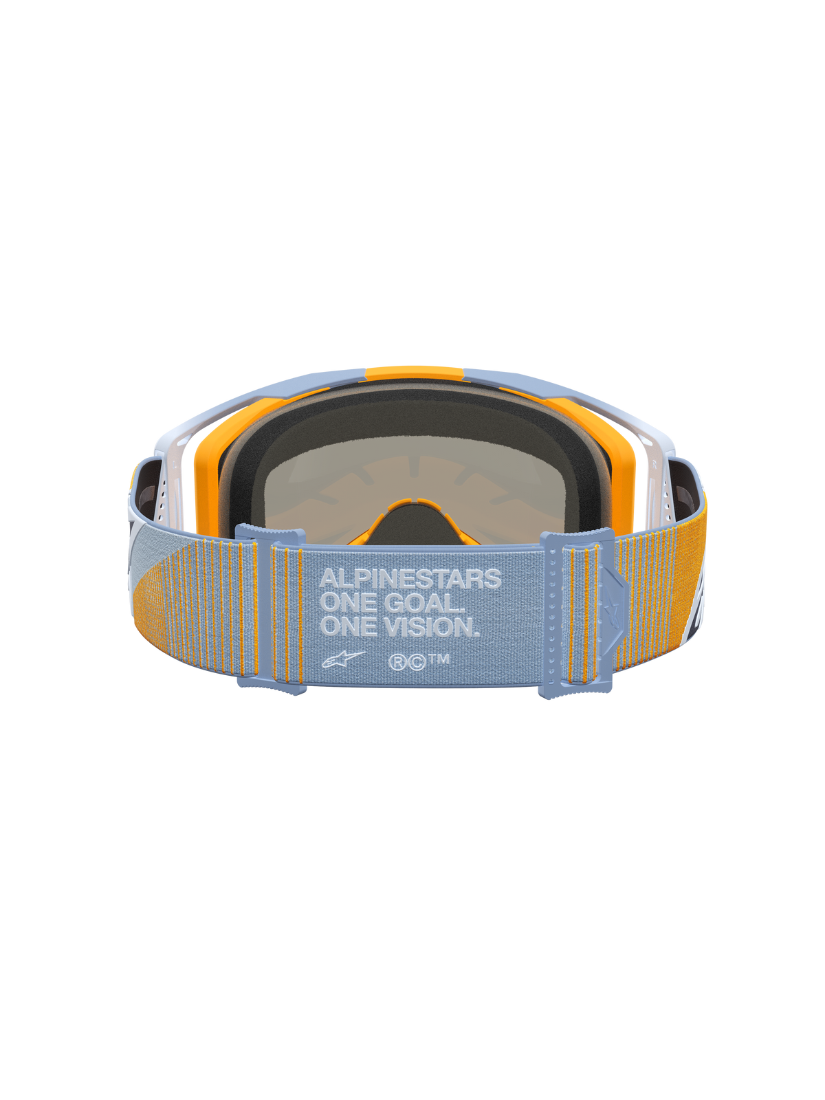 Alpinestars Vision 8 Maven Goggles in blue and orange, featuring the One Goal. One Vision. motto on the motocross strap.