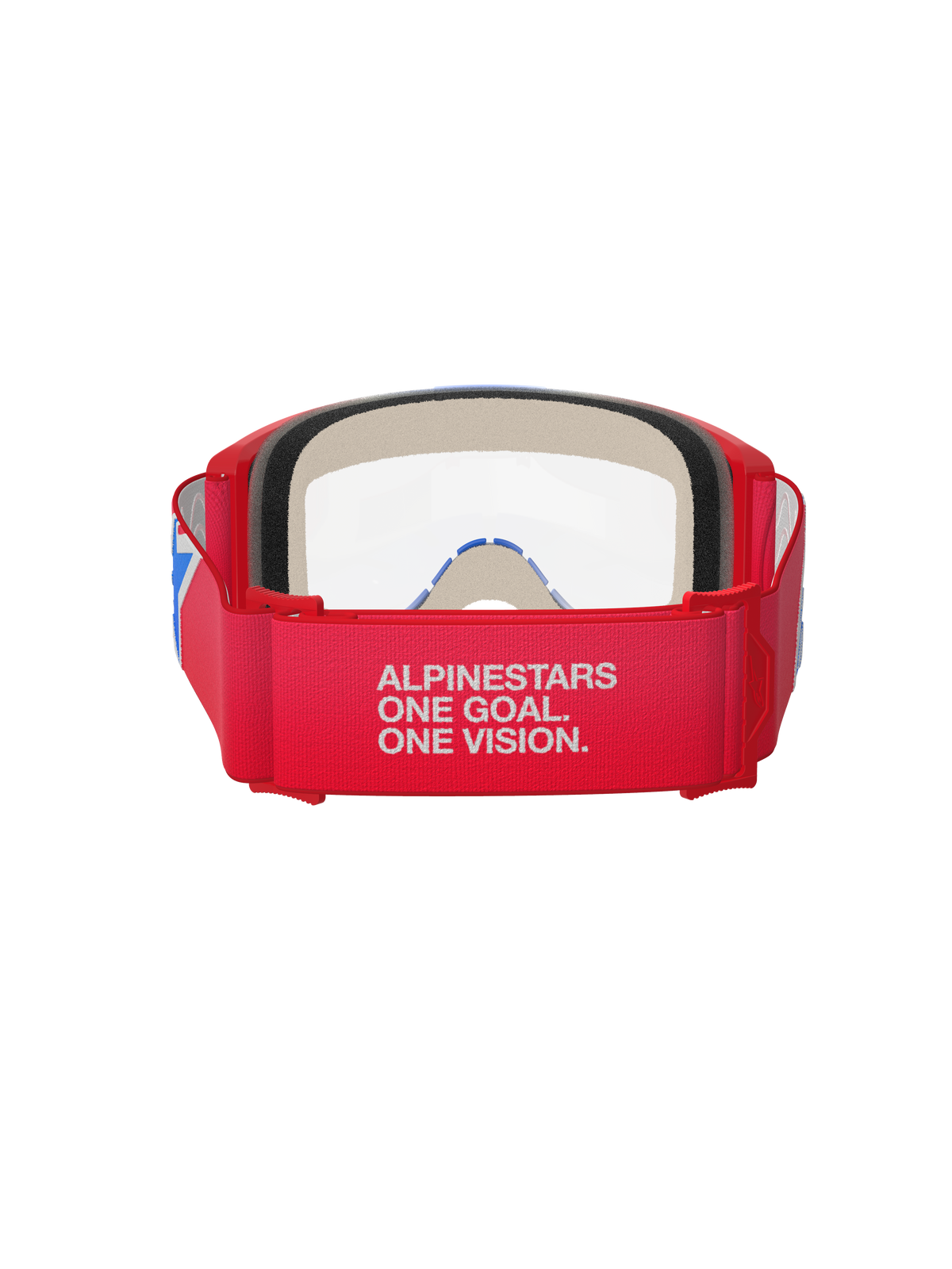 Alpinestars Vision 5 Corp Goggles, Motocross Goggles, Red White and Blue with Clear Lens, rear view showing wide red woven strap with white 'ALPINESTARS ONE GOAL. ONE VISION.' branding, red urethane frame and thick face foam, designed for professional off-road performance