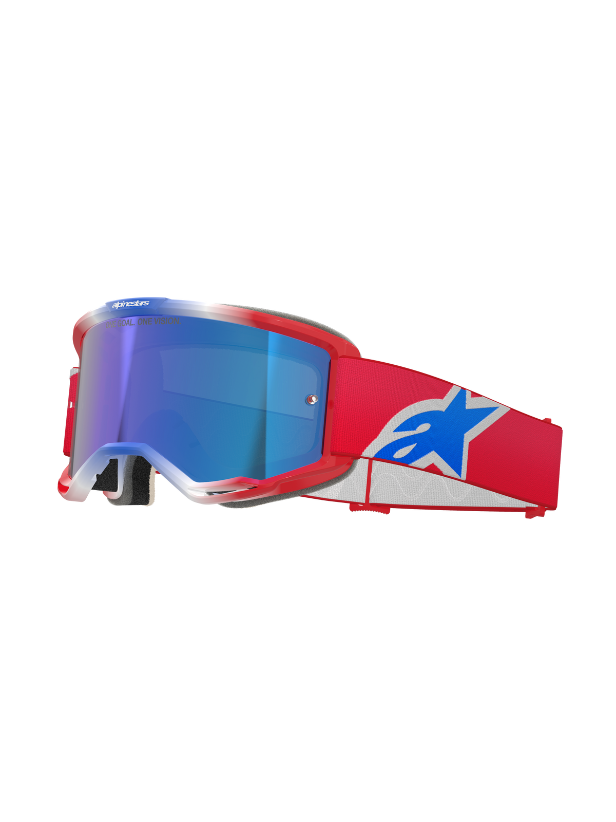 Alpinestars Vision 5 Corp Goggles, Motocross Goggles, Red White and Blue, Blue Mirror lens, red strap with blue Alpinestars logo, flexible red frame with white accents, protective eyewear for off-road riding