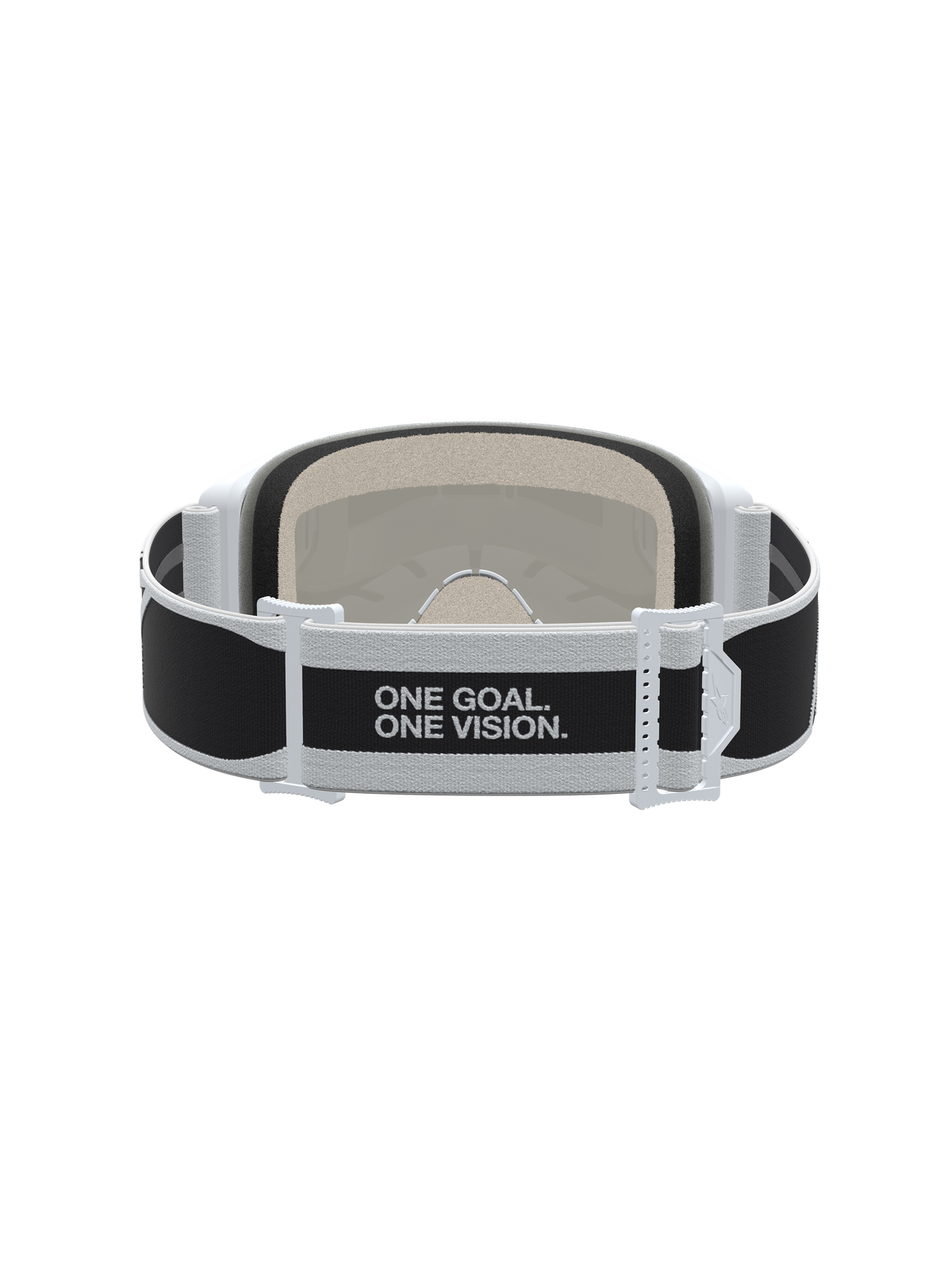 Alpinestars Vision 5 Rora Goggles, motocross racing, black and white, rear view strap with 'One Goal. One Vision.' slogan.