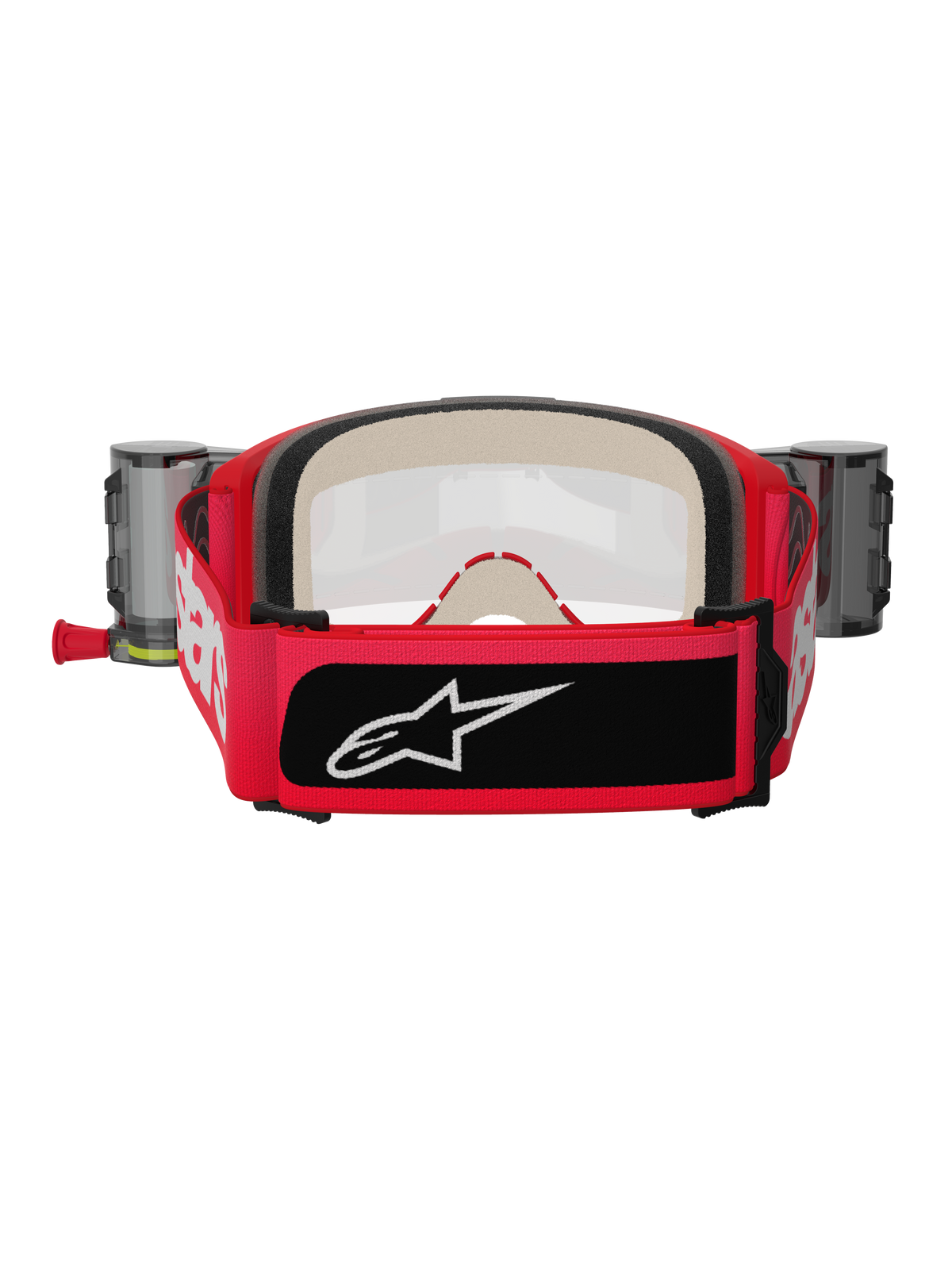 Alpinestars Vision 5 Blaze Goggles Roll Off, Red and Black, Rear view showing wide woven strap with white branding and black logo patch, thick multi-stage face foam, and Wide Vision Roll-Off system canisters on the sides, motocross protective gear