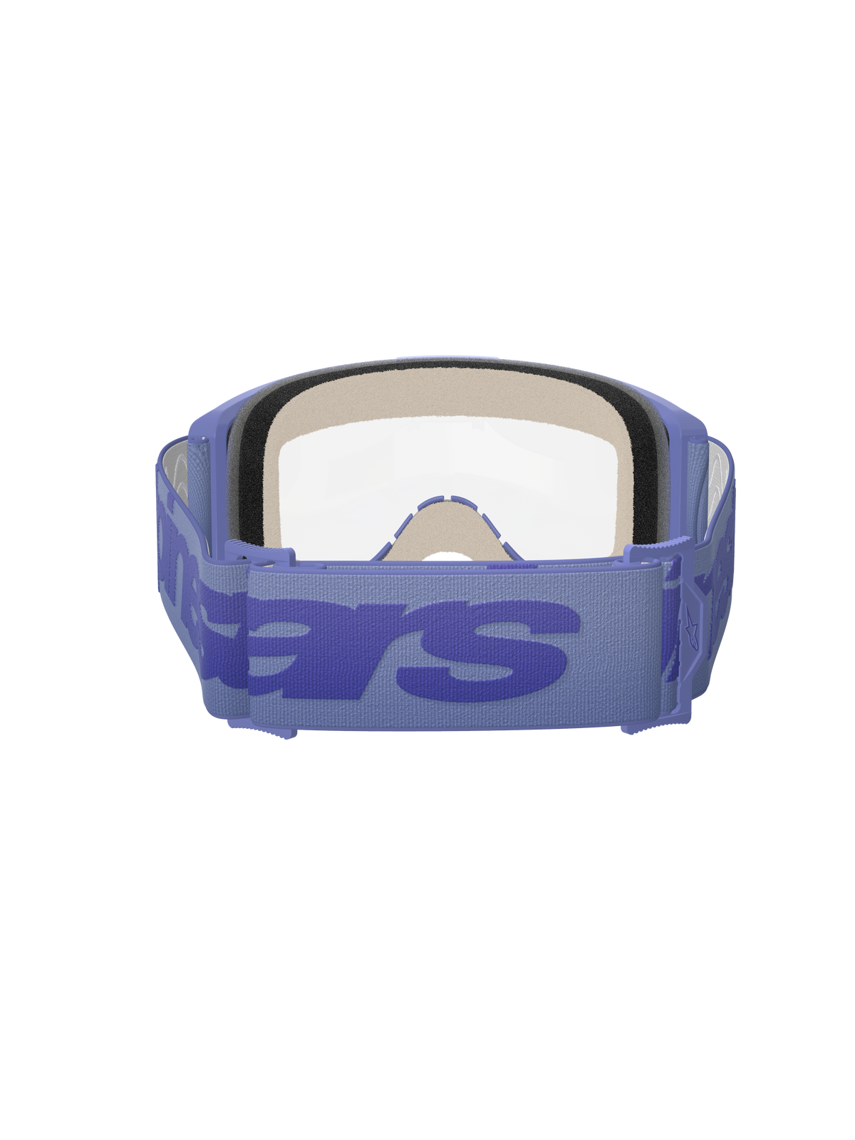 Alpinestars Vision 5 Wordmark Goggles, Purple and Clear, rear view showing triple-layer face foam, wide purple woven strap with bold wordmark branding, clear lens, designed for motocross and off-road racing