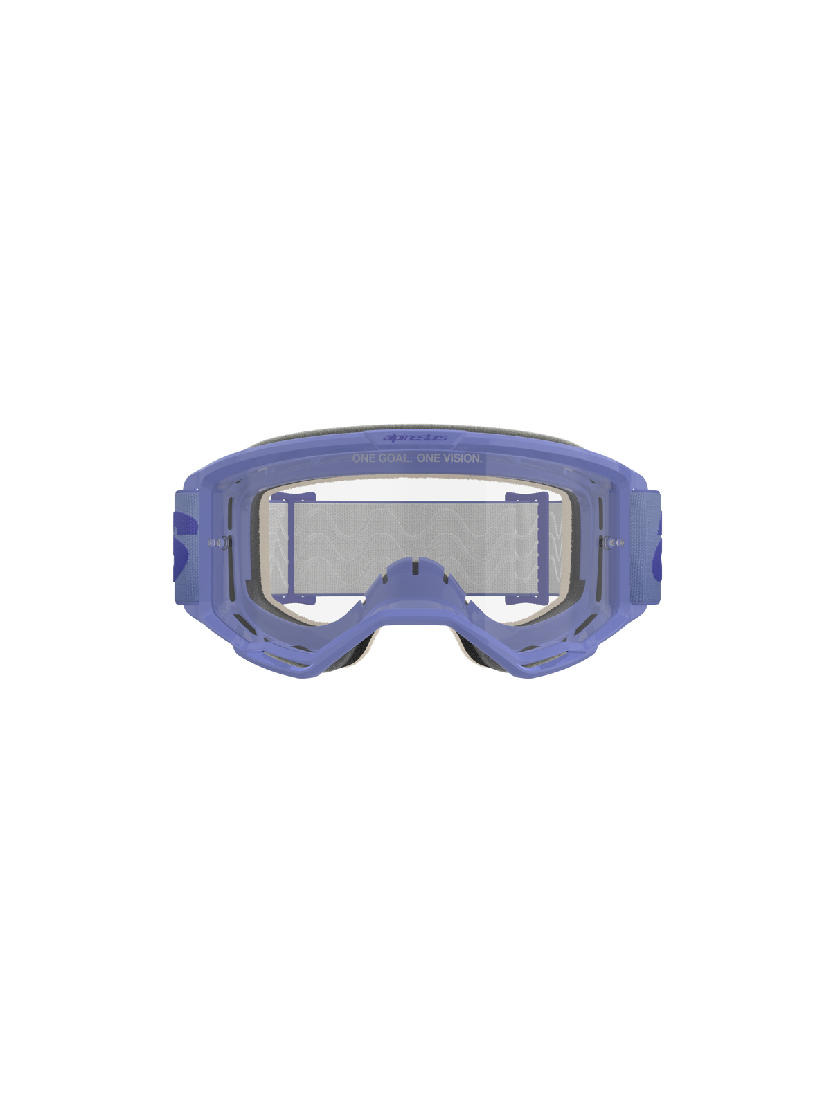 Alpinestars Vision 5 Wordmark Goggles, Purple and Clear, featuring a lightweight A-FLEX urethane frame, clear anti-fog polycarbonate lens with 'ONE GOAL. ONE VISION.' branding, 17mm multi-layer face foam, and purple woven strap with bold wordmark logo, professional motocross eye protection