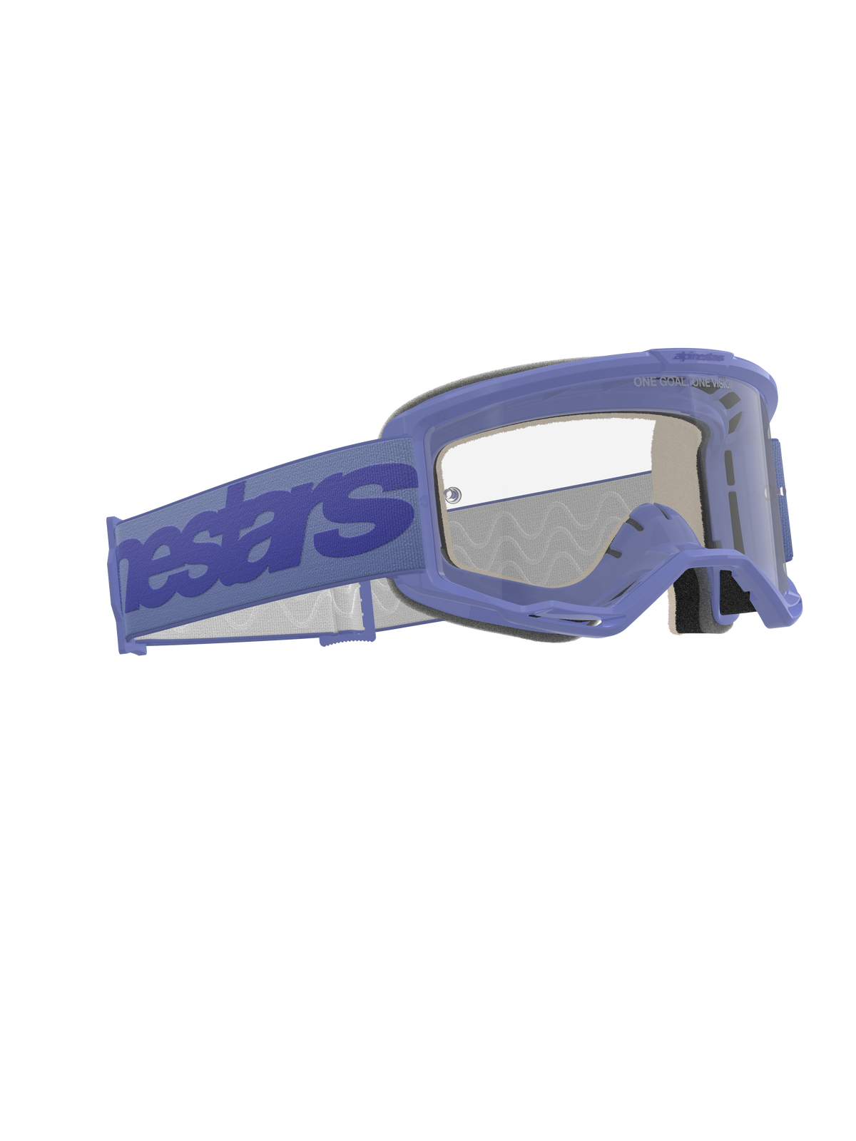 Alpinestars Vision 5 Wordmark Goggles, Motocross Goggles, Purple and Clear, featuring a wide purple strap with Alpinestars branding, flexible urethane frame, clear anti-fog lens, and multi-layer face foam