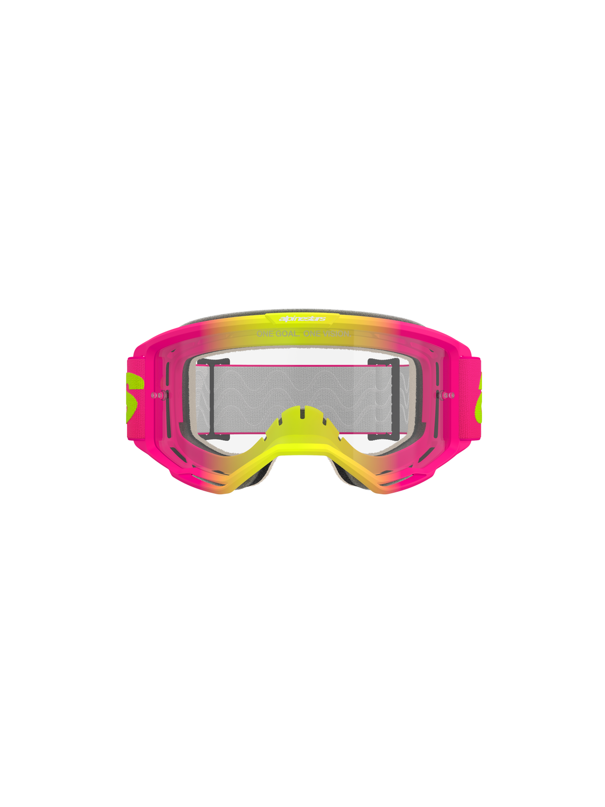 Alpinestars Vision 5 Wordmark Goggles, Motocross Goggles, Pink and Fluo Yellow with Clear Lens, vibrant gradient frame, wide woven strap with yellow branding, high-performance eye protection for off-road riding