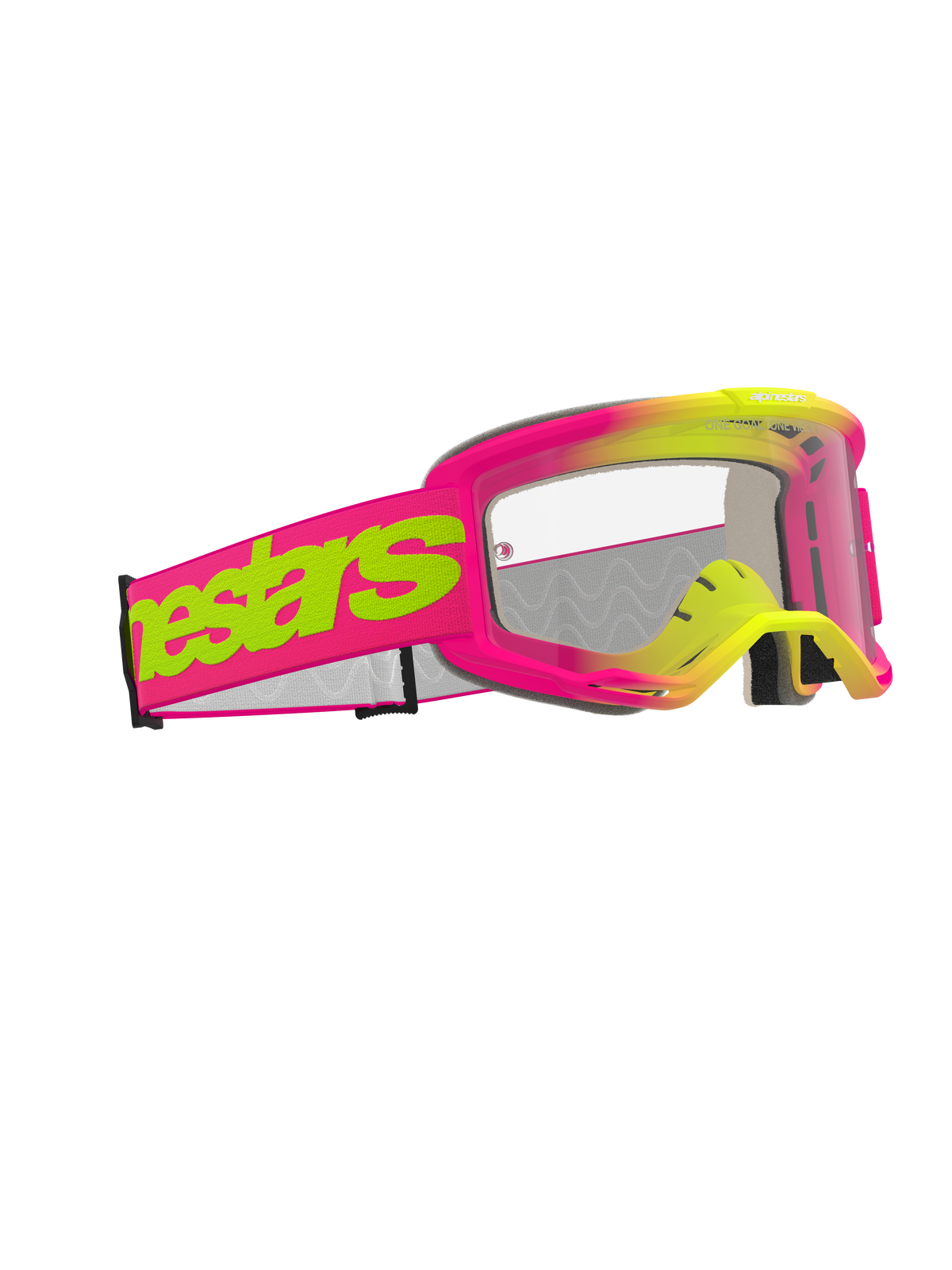 Alpinestars Vision 5 Wordmark Goggles, Motocross Goggles, Pink and Fluorescent Yellow frame with clear lens, wide pink strap featuring bold neon yellow Alpinestars wordmark logo, high-performance eye protection for off-road racing
