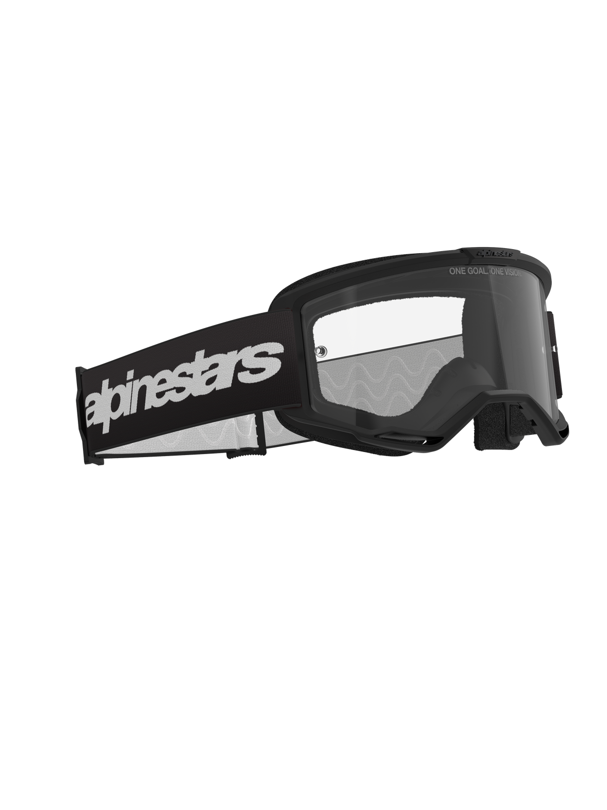 Alpinestars Vision 3 Wordmark Goggles, Motocross Goggles, Black and Clear, featuring a wide black strap with a bold white wordmark logo, clear anti-fog lens with "ONE GOAL. ONE VISION." text, sleek performance design for off-road racing