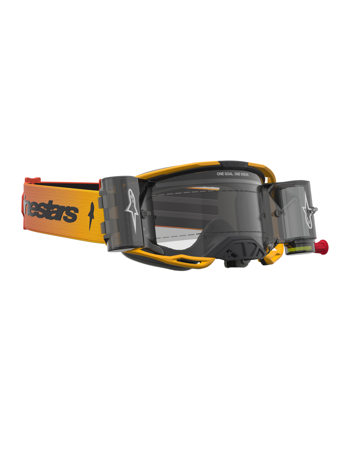 Alpinestars Vision 8 Amber Roll Off Goggles, yellow and black motocross eyewear with clear lens and roll-off canisters.