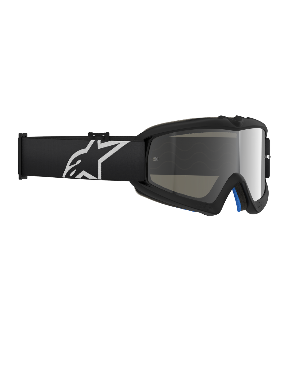 Alpinestars Vision Youth Corp Goggles, Motocross Goggles, Black Mirror Silver, featuring a mirrored polycarbonate lens and a black strap with a white Alpinestars logo, designed for youth riders