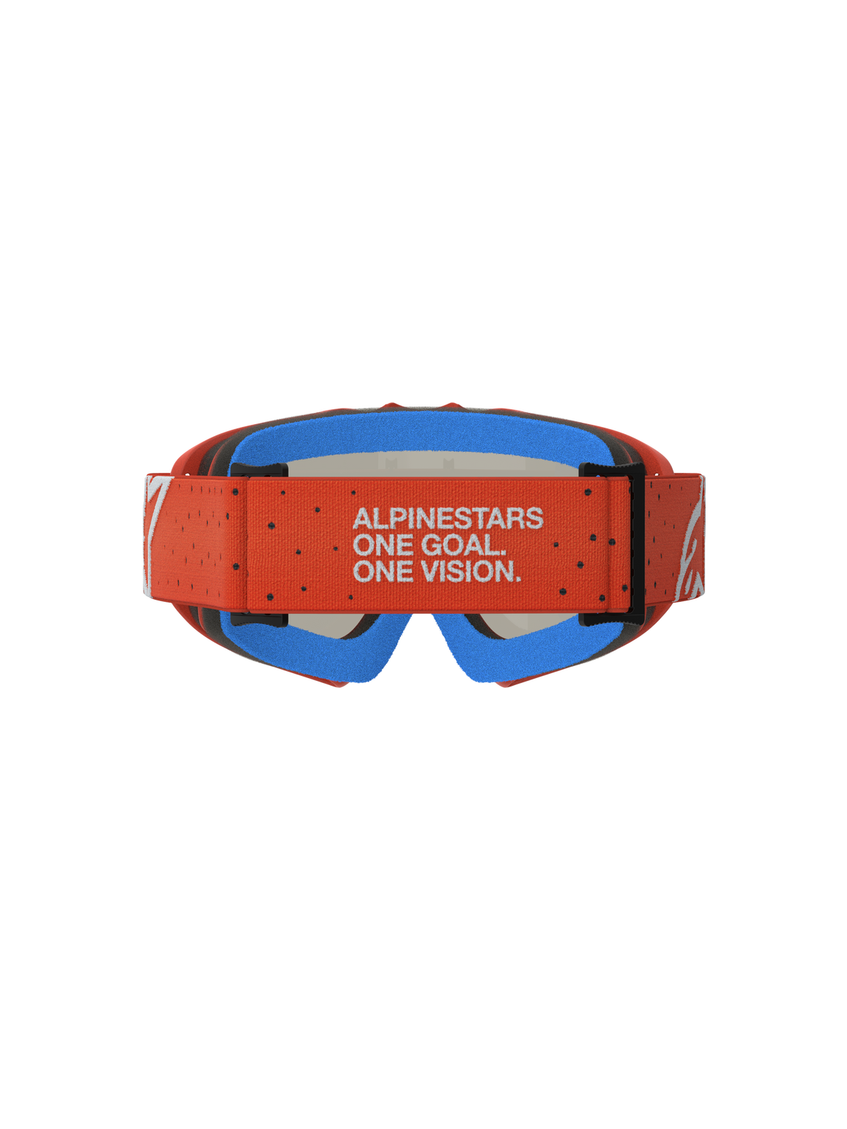 Alpinestars Vision Youth Vesta Goggles, youth motocross eyewear with orange strap, brand motto, and blue comfort foam.