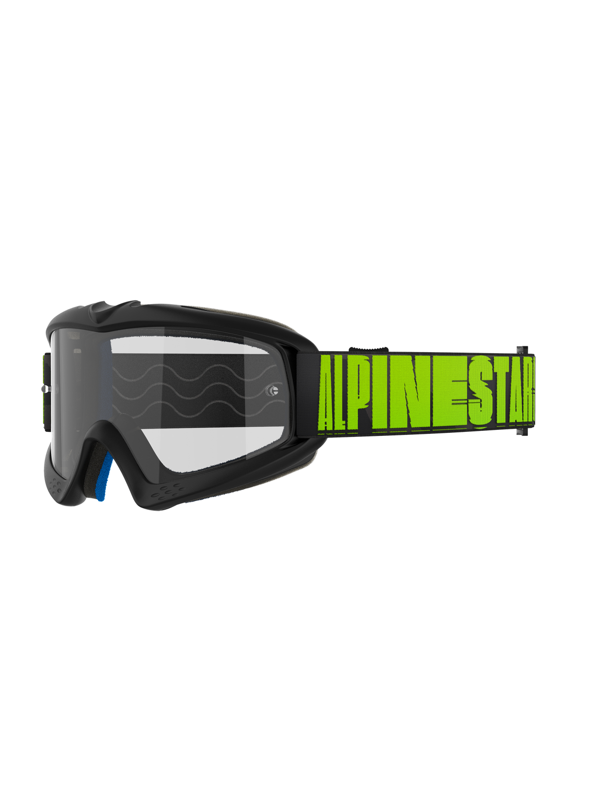 Alpinestars Vision Youth Hollow and Vision 5 Hollow Goggles, Motocross Off-road Goggles, Charcoal gray frame with fluo yellow Alpinestars branding on black strap, clear lens, blue interior foam layer, modern streamlined design for youth and adult riders