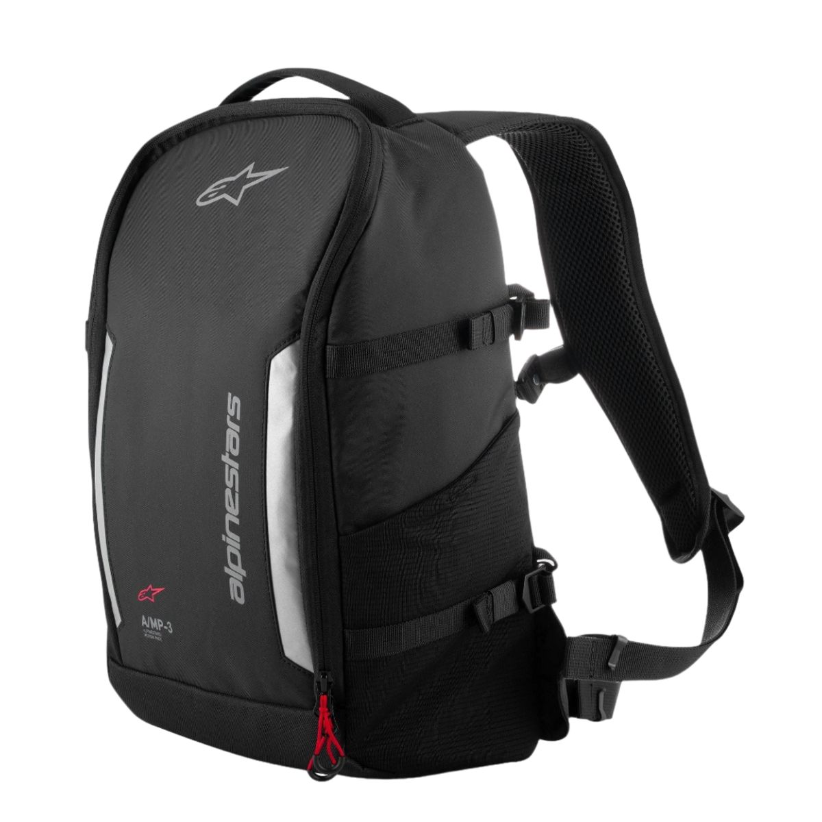 Alpinestars AMP3 Backpack, Technical Motorcycle Backpack, Black, featuring grey reflective panels and vertical Alpinestars branding, red zipper accent, side compression straps and mesh pocket, 17-liter capacity for road and urban riding