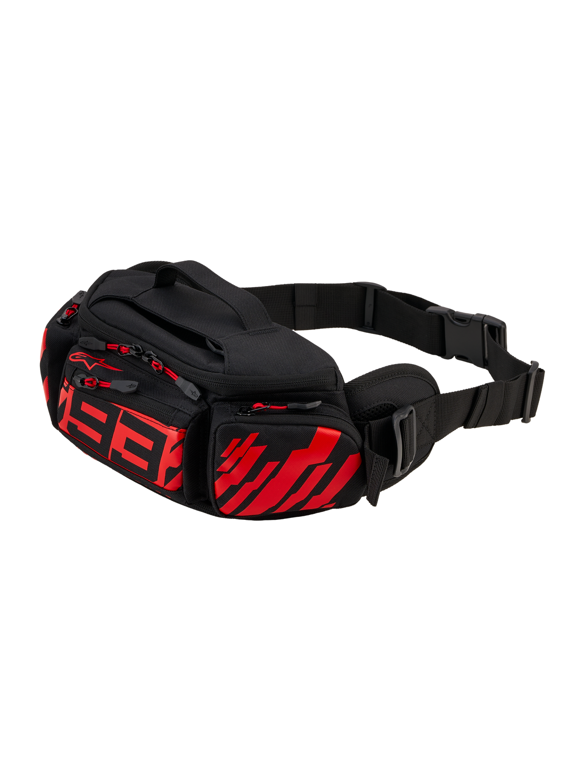 Alpinestars MM93 Waist Bag, Motorcycle Hip Pack, Black with Red Fluo and Bright Red, featuring stylized red 93 logo on front, multiple zippered storage compartments with red pulls, adjustable black waist strap with buckle, durable textile construction