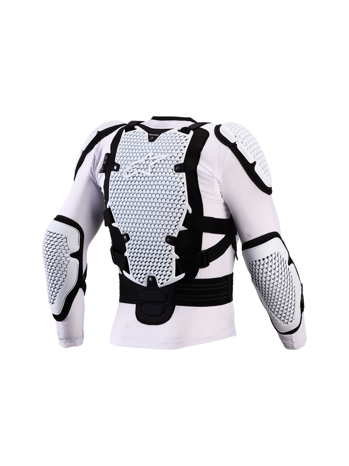 Alpinestars Bionic Action V3 Protection Jacket, White and Black motocross body armor with CE-certified A-Morph Technology protectors on back and elbows.
