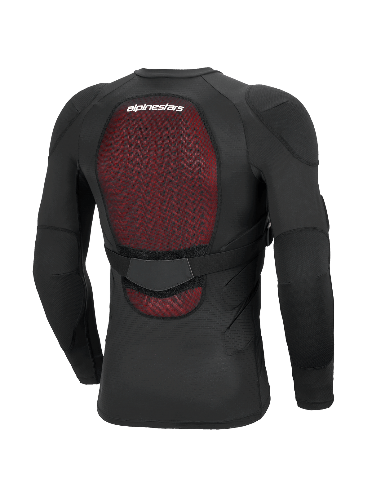 Alpinestars Bionic Plasma LT Protection Jacket - Long Sleeve, Black, Rear view highlighting the red Nucleon PLASMA back protector, breathable stretch mesh construction, adjustable waist strap, and integrated elbow and shoulder protection