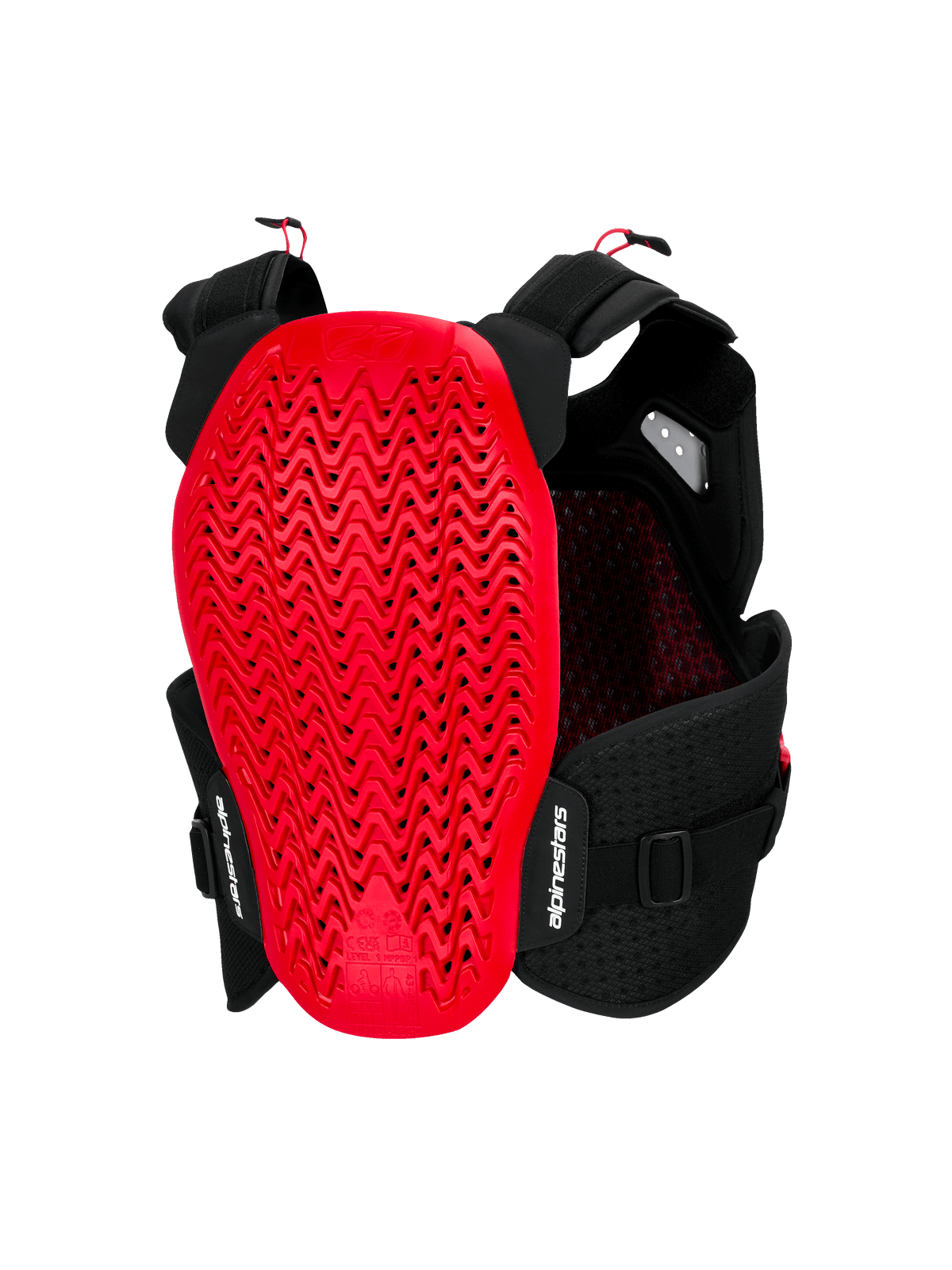 Alpinestars A-4 Plasma Chest Protector, Back View, Black and Red, featuring a large red Nucleon PLASMA back protector with a wavy perforated design, black mesh chassis with adjustable straps, and white Alpinestars branding.