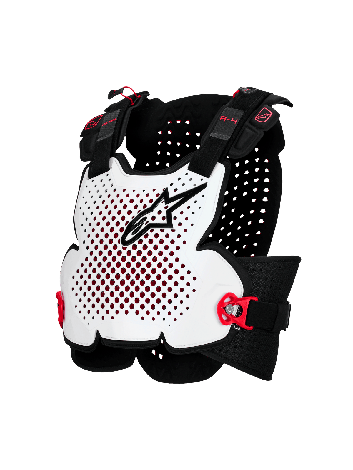 Alpinestars A-4 Plasma Chest Protector, Motorcycle Body Armor, White with Black and Red Accents, Ventilated Hard Shell Design, Adjustable Side Straps, Lightweight Off-Road Protection
