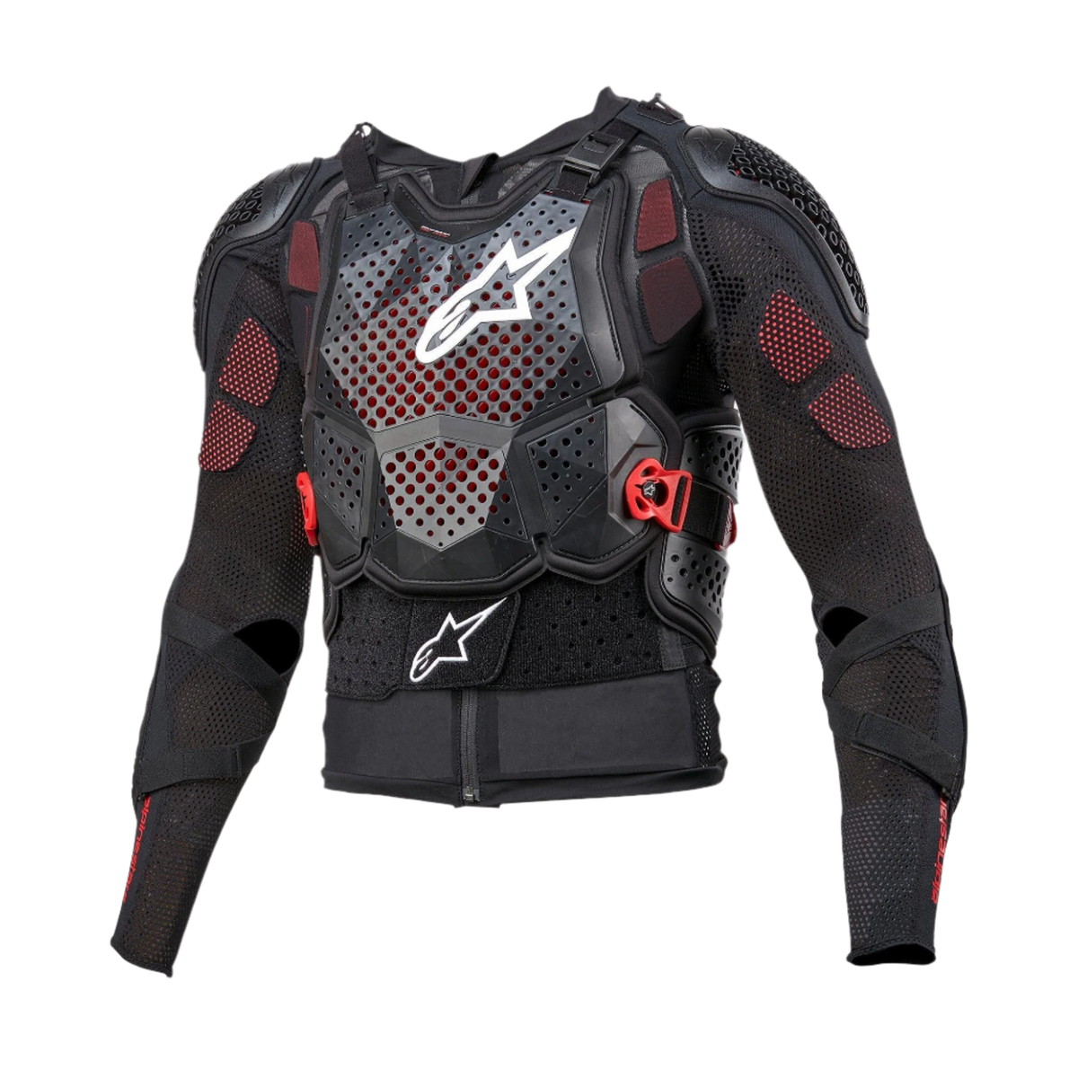 Alpinestars Bionic Tech V3 Protection Jacket, motorcycle body armor, black with white and red accents, featuring a perforated chest protector with a white star logo, adjustable red buckles, integrated shoulder and elbow guards, and a breathable mesh base layer