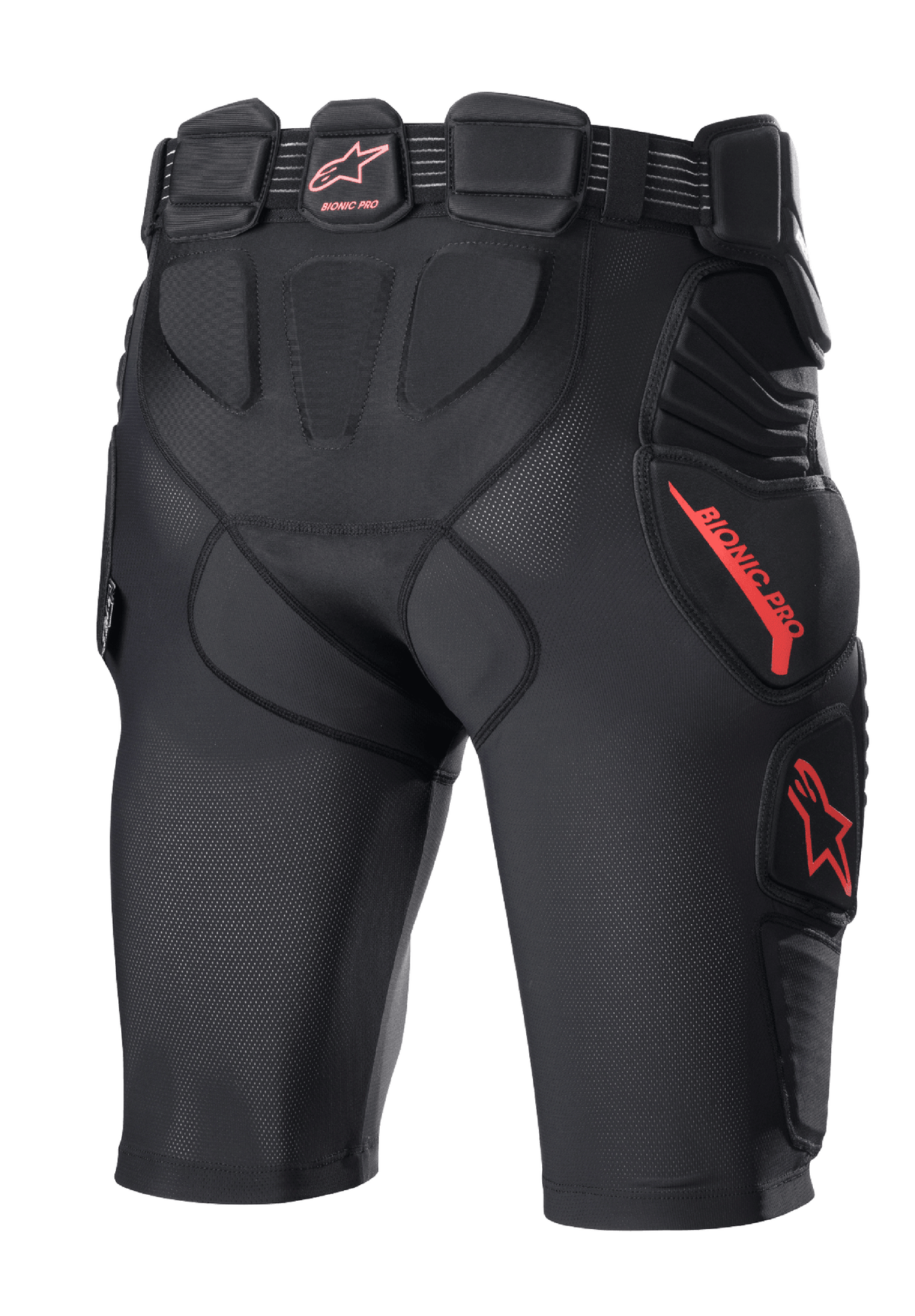 Alpinestars Bionic Pro Protection Shorts, Motocross Protection Shorts, Black and Red, rear view showing integrated hip and thigh padding, breathable mesh construction, red Alpinestars logo and branding, protective base layer for off-road riding