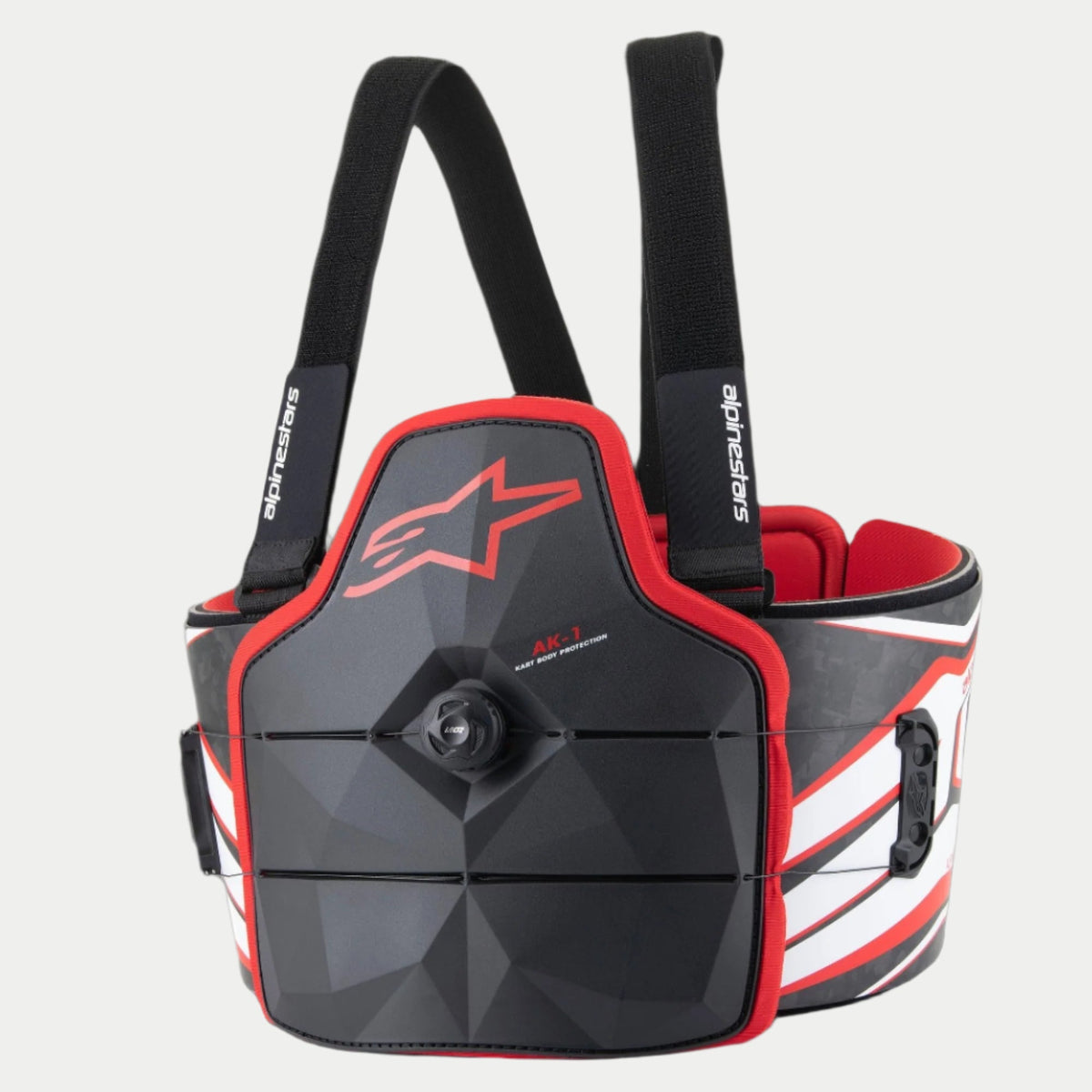 Alpinestars Youth AK-1 Kart Body Protector, Karting Body Armor, Black White and Red, faceted chest plate with central speed-lace dial, red trim and logo, adjustable black shoulder straps, ergonomically designed for racing