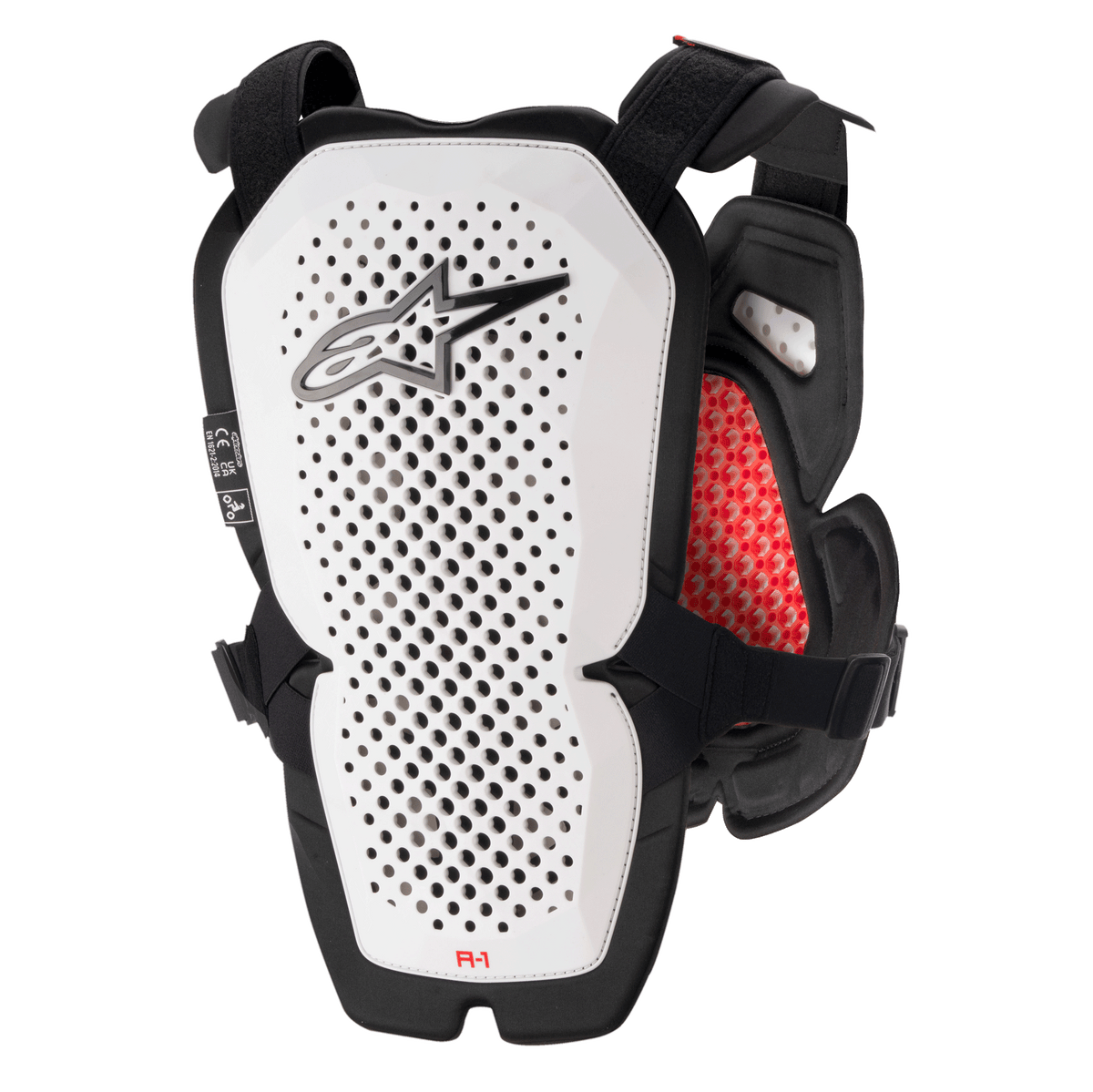 Alpinestars A-1 Pro Chest Protector, White and Black with Red accents, perforated back panel for ventilation, red honeycomb interior padding, lightweight motocross protective gear