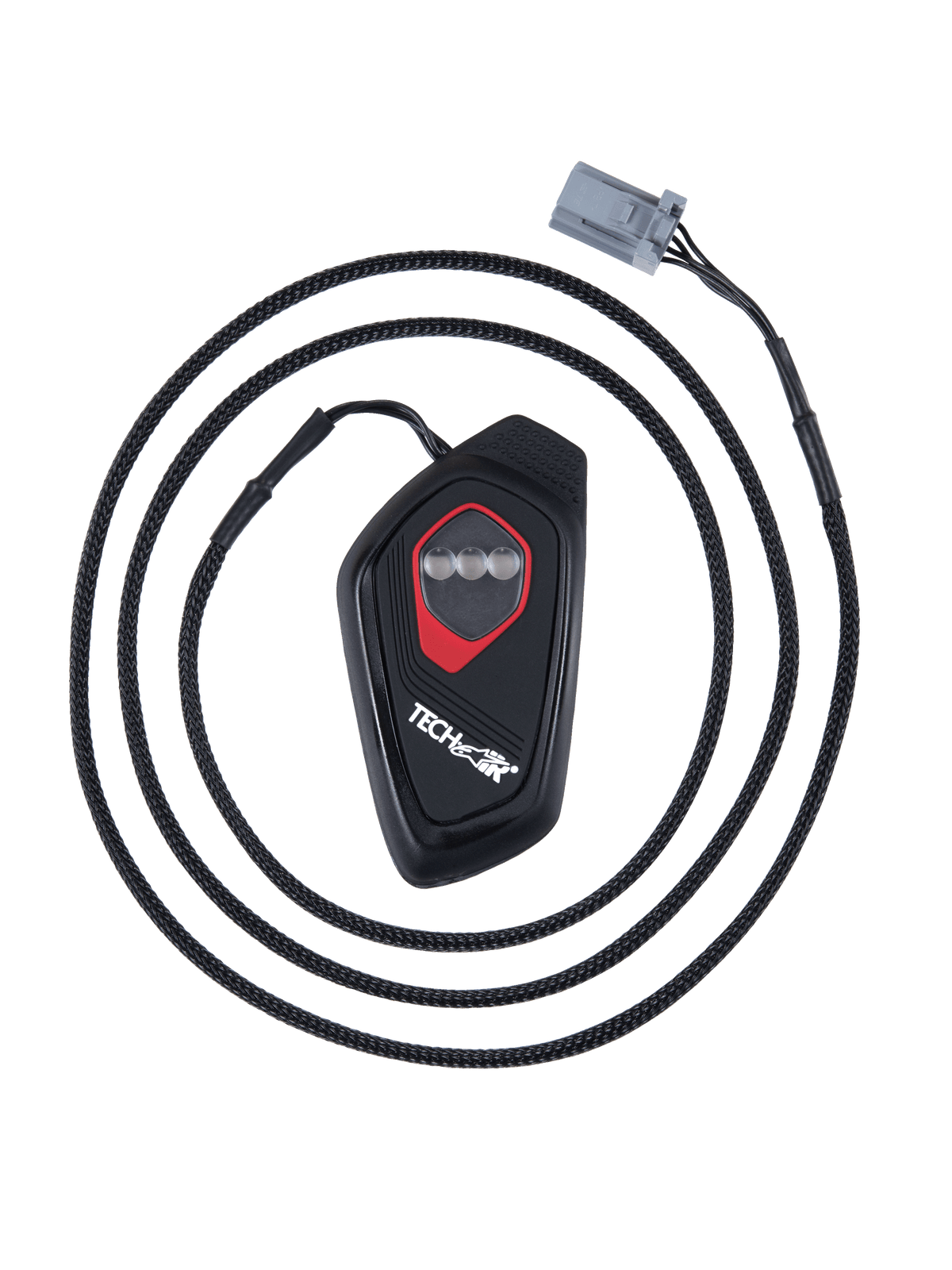 Alpinestars Tech-Air® 7X LED Display, black teardrop-shaped electronic control unit with red outline, three circular LED indicators, braided cable with gray connector, motorcycle airbag system display module