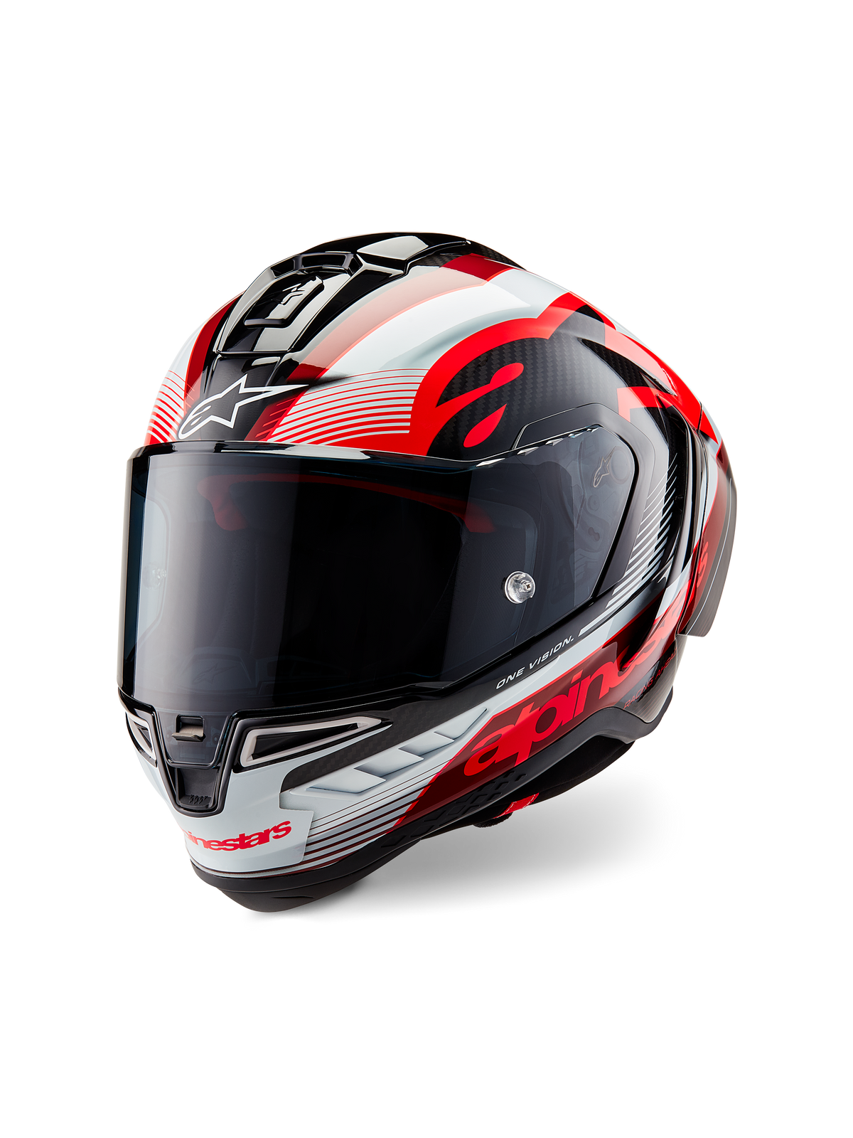 Alpinestars Supertech R10 Team Helmet, Full-face motorcycle helmet, Glossy Black Carbon with Red and White graphics, aerodynamic shell, featuring bold Alpinestars branding and tinted visor