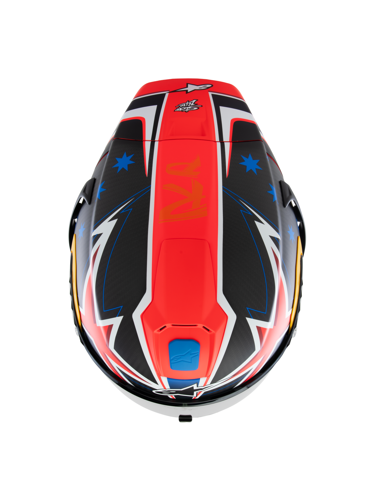 Alpinestars Supertech R10 Miller Limited Edition Helmet, top-down view, Carbon Red Matt graphic with a central red stripe, blue stars on black carbon fiber sections, white and blue lightning-style accents, aerodynamic racing design for track performance.