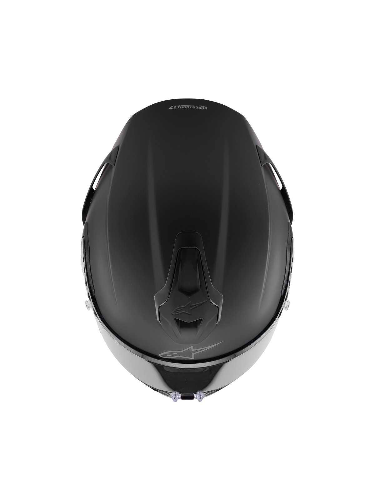 Alpinestars S-R7 Solid Helmet, Full-Face Racing Helmet, Black Matte, top-down view showing aerodynamic shell construction, integrated ventilation ports, and subtle Alpinestars branding
