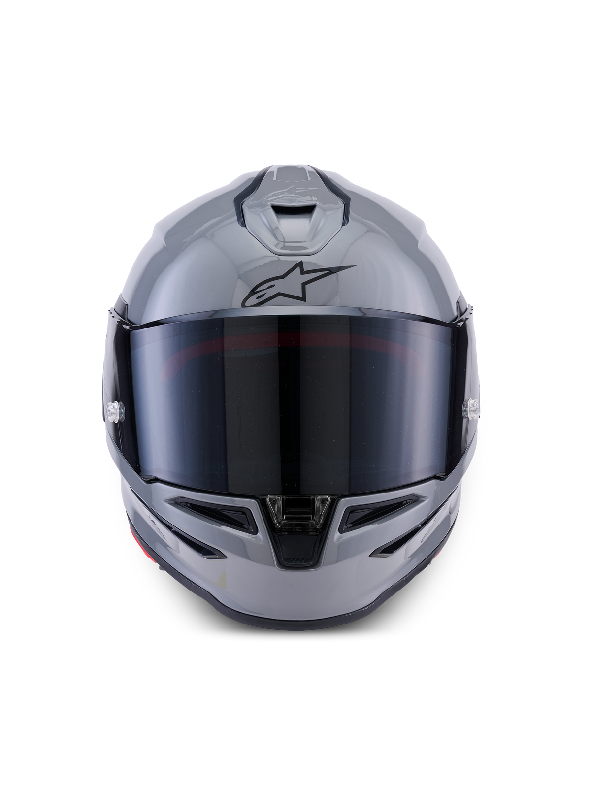 Alpinestars S-R7 Solid Helmet, Full-Face Motorcycle Helmet, Gray Glossy, front view with tinted visor, black A-star logo on forehead, aerodynamic shell with integrated ventilation, designed for racing and sport performance.
