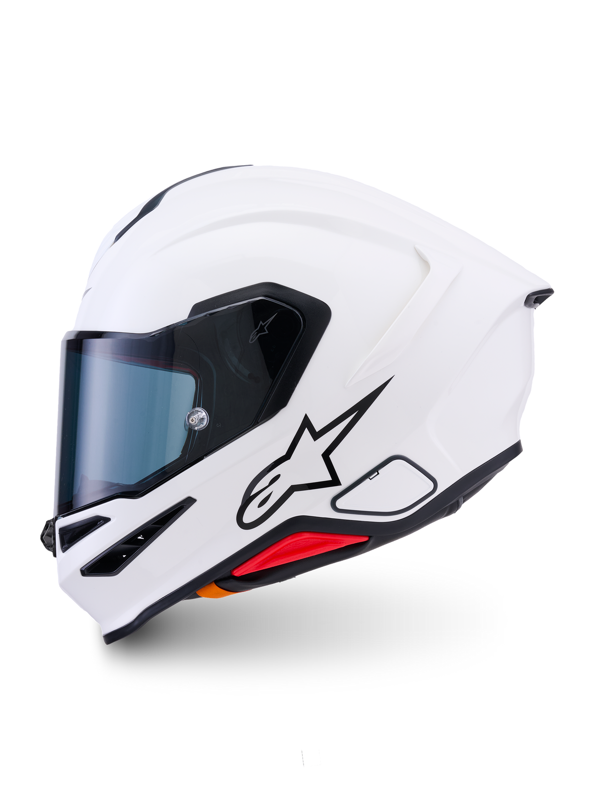 Alpinestars S-R7 Solid Helmet, full-face motorcycle helmet, White Glossy, featuring an aerodynamic shell, clear optical-class visor, integrated rear spoiler, and plasma shock-absorption inserts