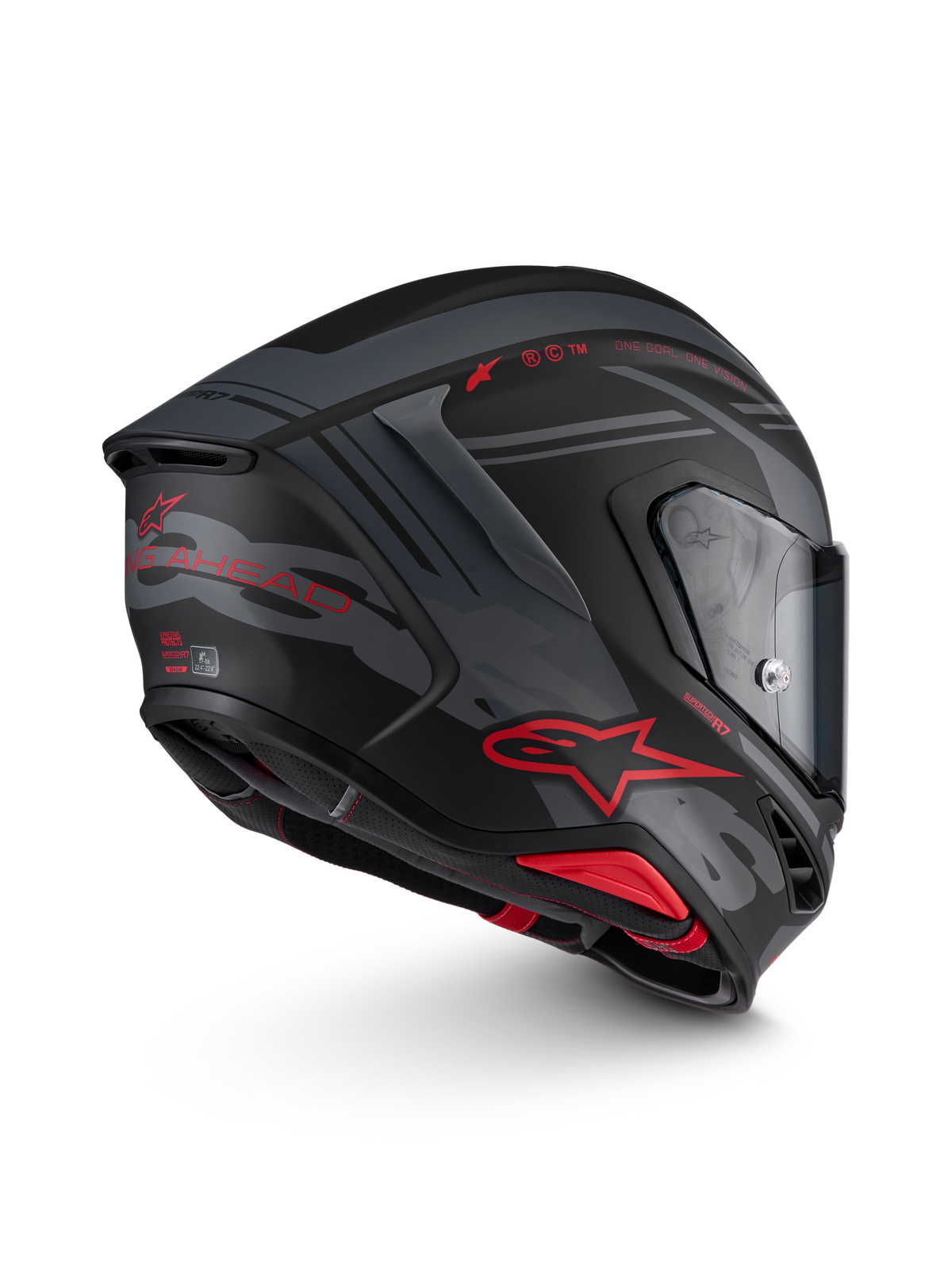 Alpinestars S-R7 A-Core Helmet ECE 22.06, full-face motorcycle road racing helmet in Black, Gray, and Red Matte, side view showcasing aerodynamics, carbon composite construction, and clear visor