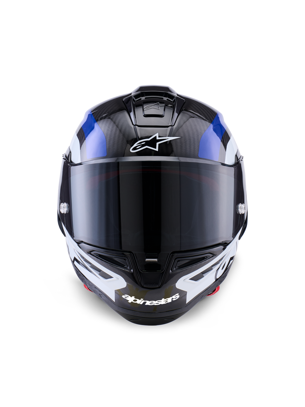 Alpinestars Supertech R10 Arius Helmet, Full-Face Racing Helmet, Black White and Blue Glossy, front view with dark smoke visor, featuring visible carbon fiber texture on the top shell, white Alpinestars logo branding on forehead and chin, sleek aerodynamic design for professional racing