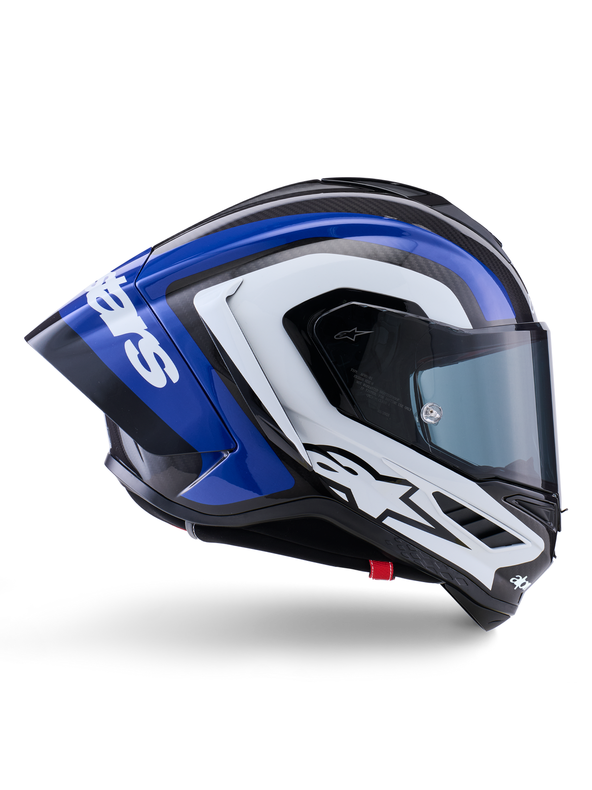 Alpinestars Supertech R10 Arius Helmet, full-face racing helmet, Black White and Blue Glossy finish, aerodynamic side view showing carbon fiber shell and large rear spoiler with Alpinestars logo, professional motorcycle protective gear