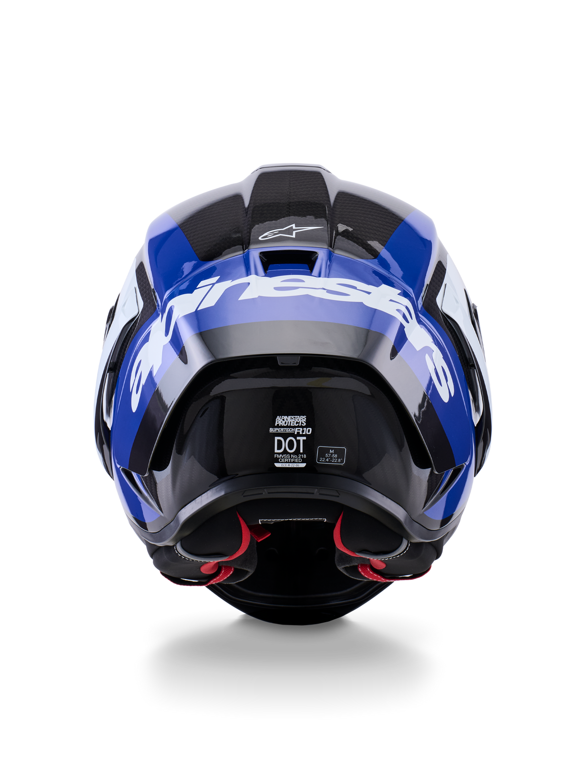 Alpinestars Supertech R10 Arius Helmet, Rear View, Black White and Blue Glossy, carbon fiber construction with bold white branding, aerodynamic shape, DOT certified label, red interior padding