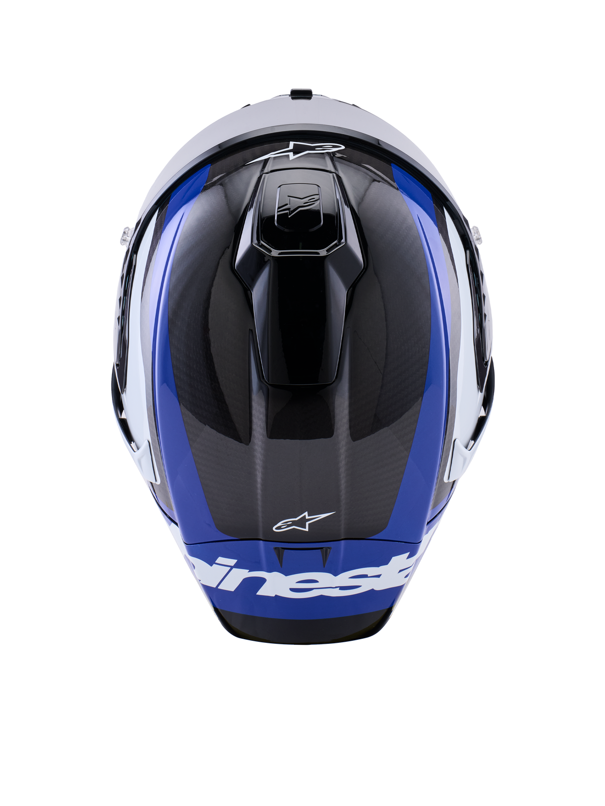 Alpinestars Supertech R10 Arius Helmet, Full-Face Motorcycle Racing Helmet, Glossy Black White and Blue, top view highlighting carbon fiber weave, aerodynamic vents, and white Alpinestars branding