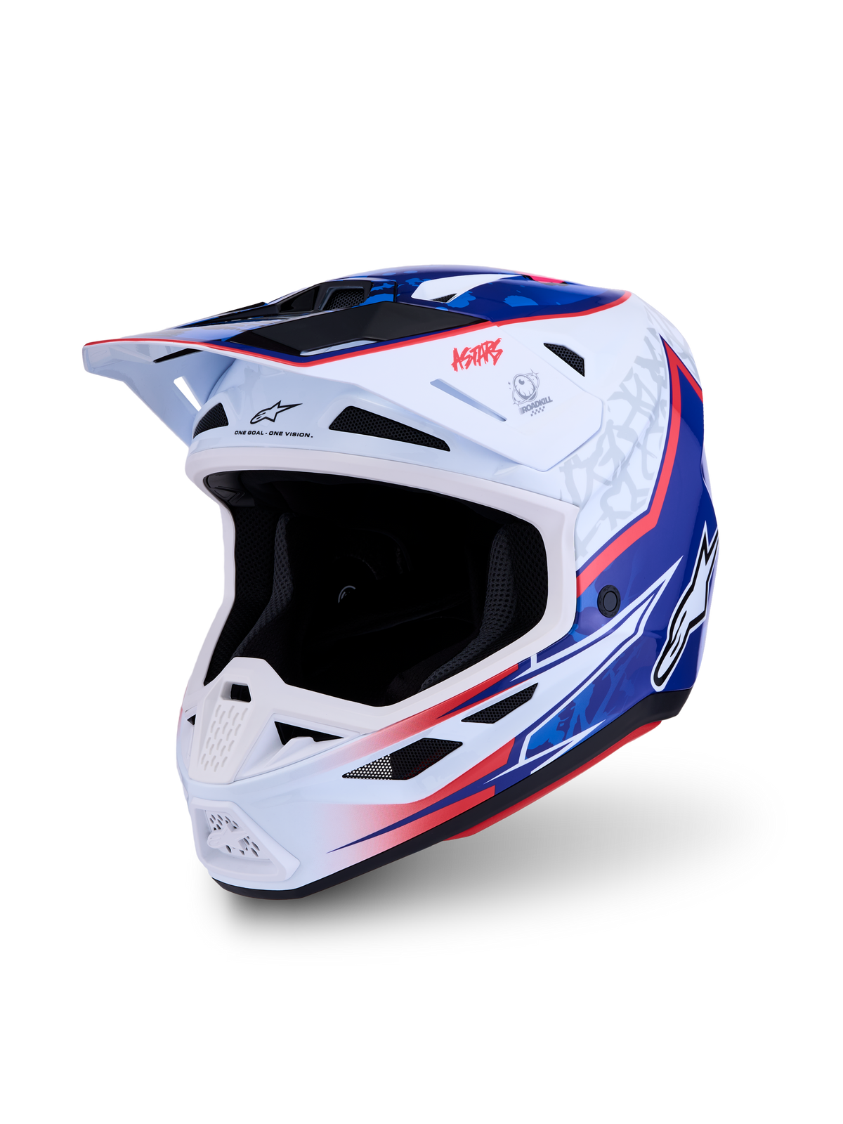 Alpinestars S-M7 Blaster Helmet ECE06, white blue and red glossy motocross helmet, lightweight ECE 22.06 certified.