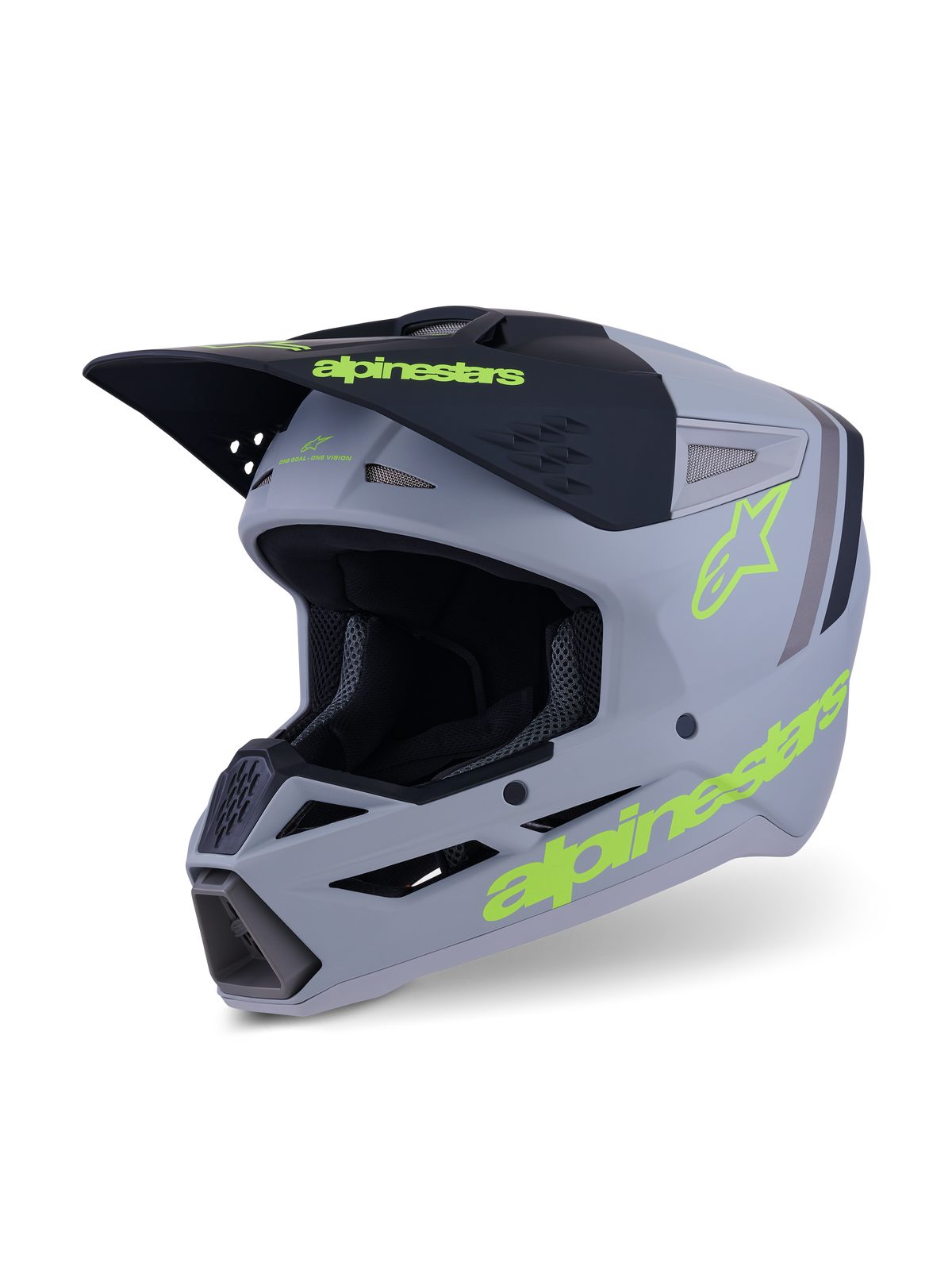 Alpinestars S-M3 Radium Helmet, Motocross and Enduro Helmet, Gray Black and Neon Yellow Fluo Matte, three-quarter view showing aggressive shell design, ventilated intake ports, and bold yellow logos
