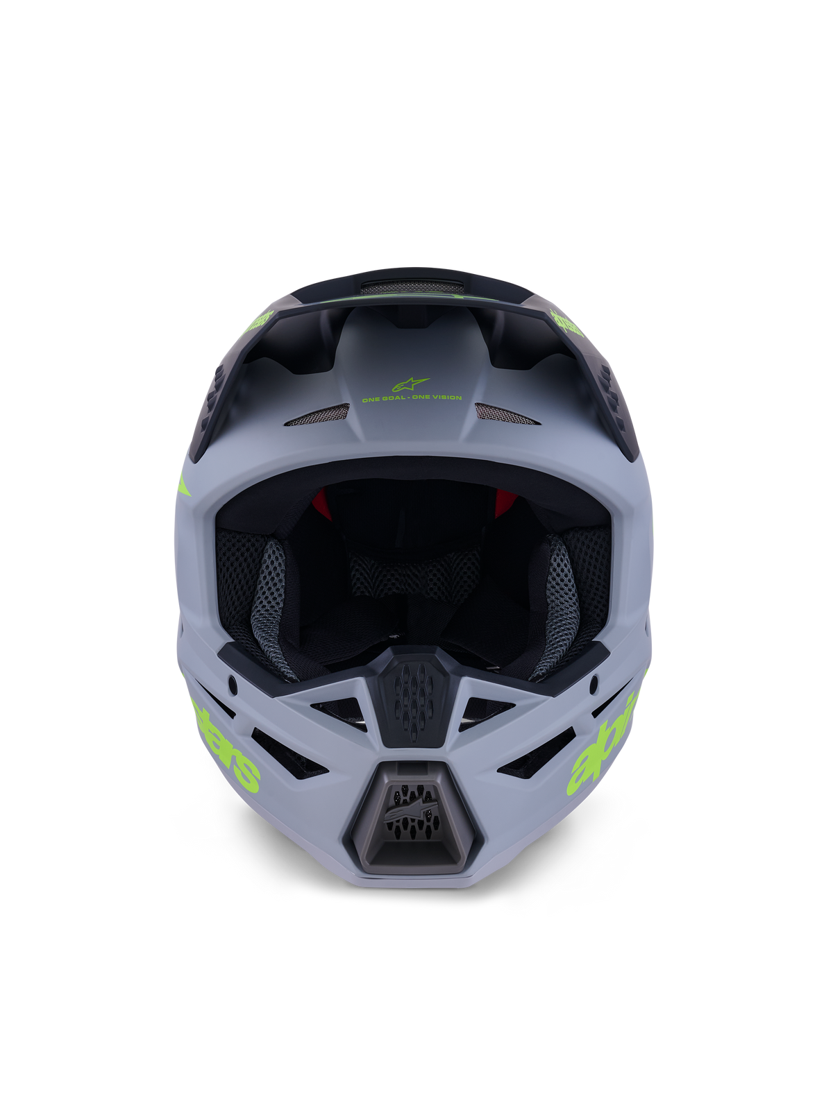 Alpinestars S-M3 Radium Helmet, Full-Face Motocross Helmet, Matte Green and Black with Fluo Yellow branding, front view highlighting chin and forehead ventilation ports with a large eye port, professional off-road protective gear.