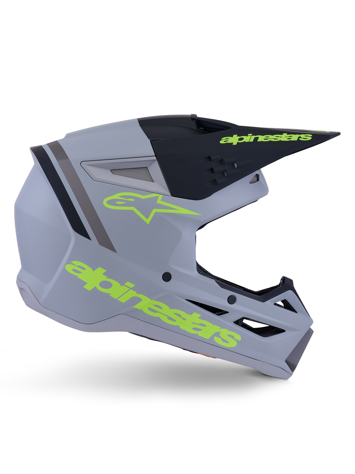 Alpinestars S-M3 Radium Helmet ECE 22.06, Motocross Helmet, Matte Gray, Black, and Yellow Fluo, featuring an angular aerodynamic design with a peak visor and integrated ventilation system