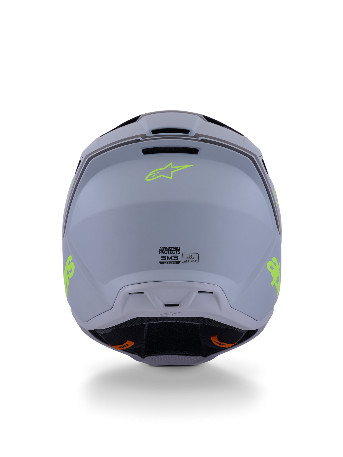Alpinestars S-M3 Radium Helmet, Motocross Helmet, Green Black and Yellow Fluo Matte, rear view showing matte shell finish, neon yellow Alpinestars logo, and ECE 22.06 certification details.