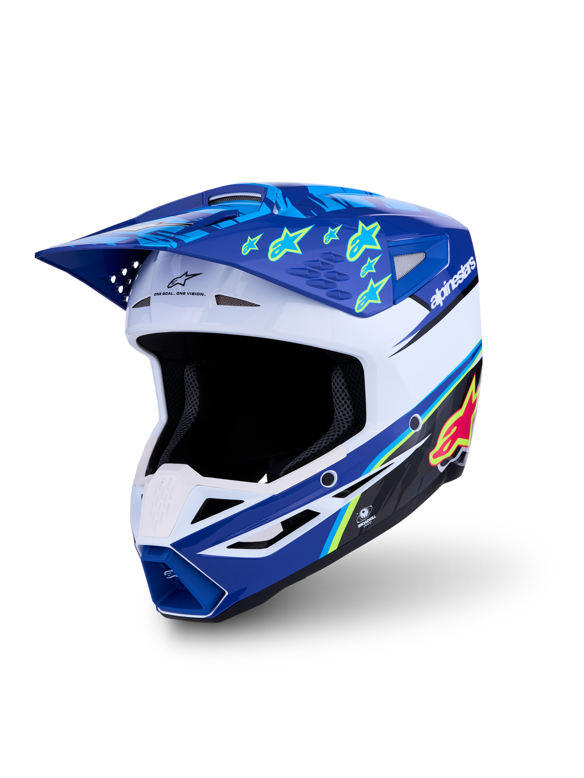 Alpinestars SM3 Falcon Helmet ECE06, blue and white motocross helmet with yellow star graphics, ECE 22.06 certified.
